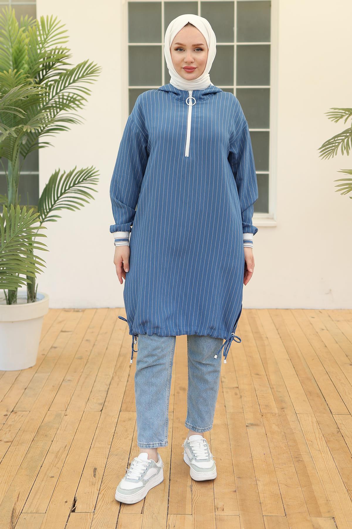 ARMİNE TREND Kolları Ribanalı Kapüşonlu Tunik İndigo 24YT468