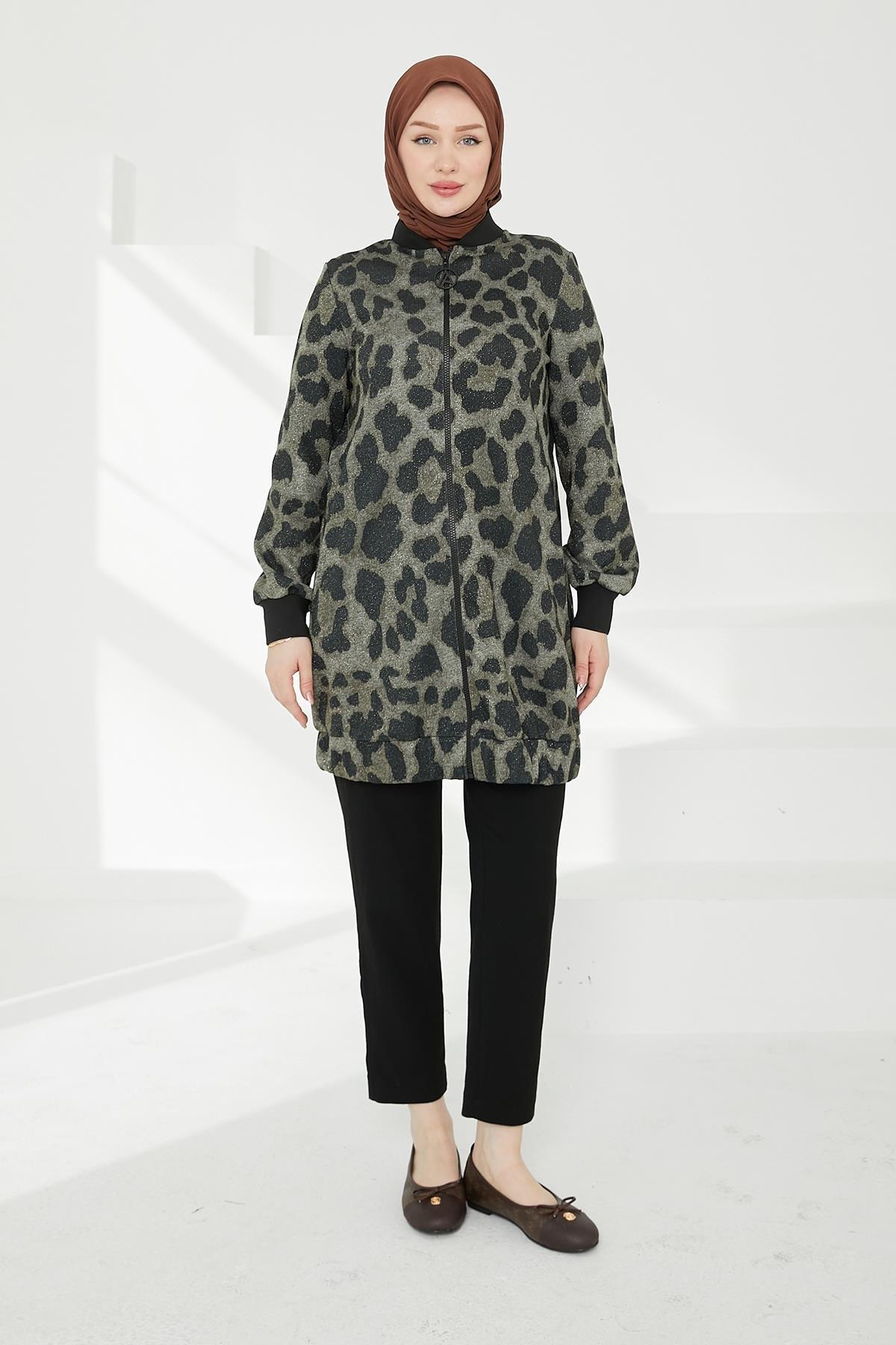 ARMİNE TREND Kolları Ribanalı Leopar Desenli Boydan Fermuarlı Tunik-Leopar 24KT430