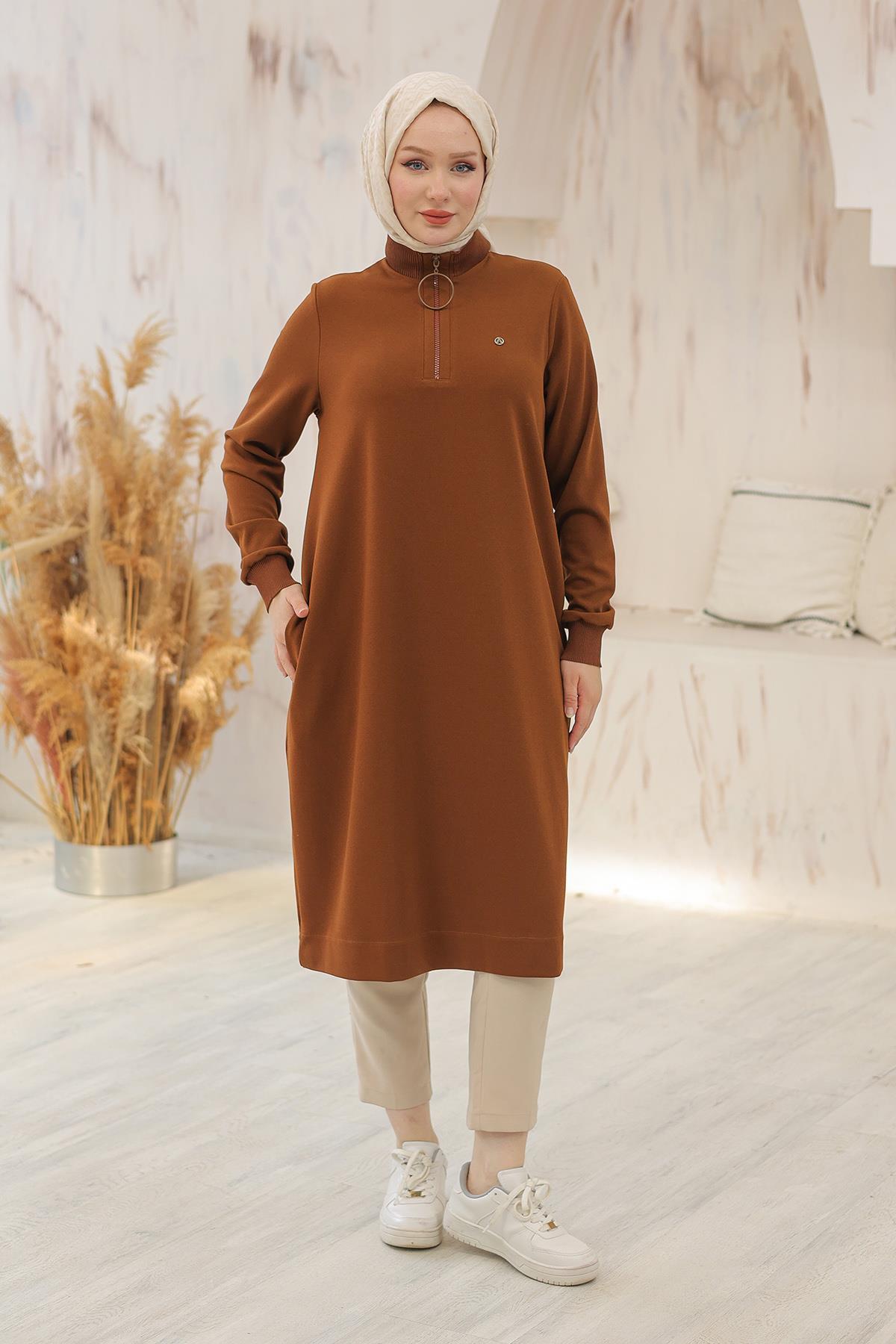 ARMİNE TREND Kolları Ribanalı Yarım Fermuarlı Tunik Taba 24KT436