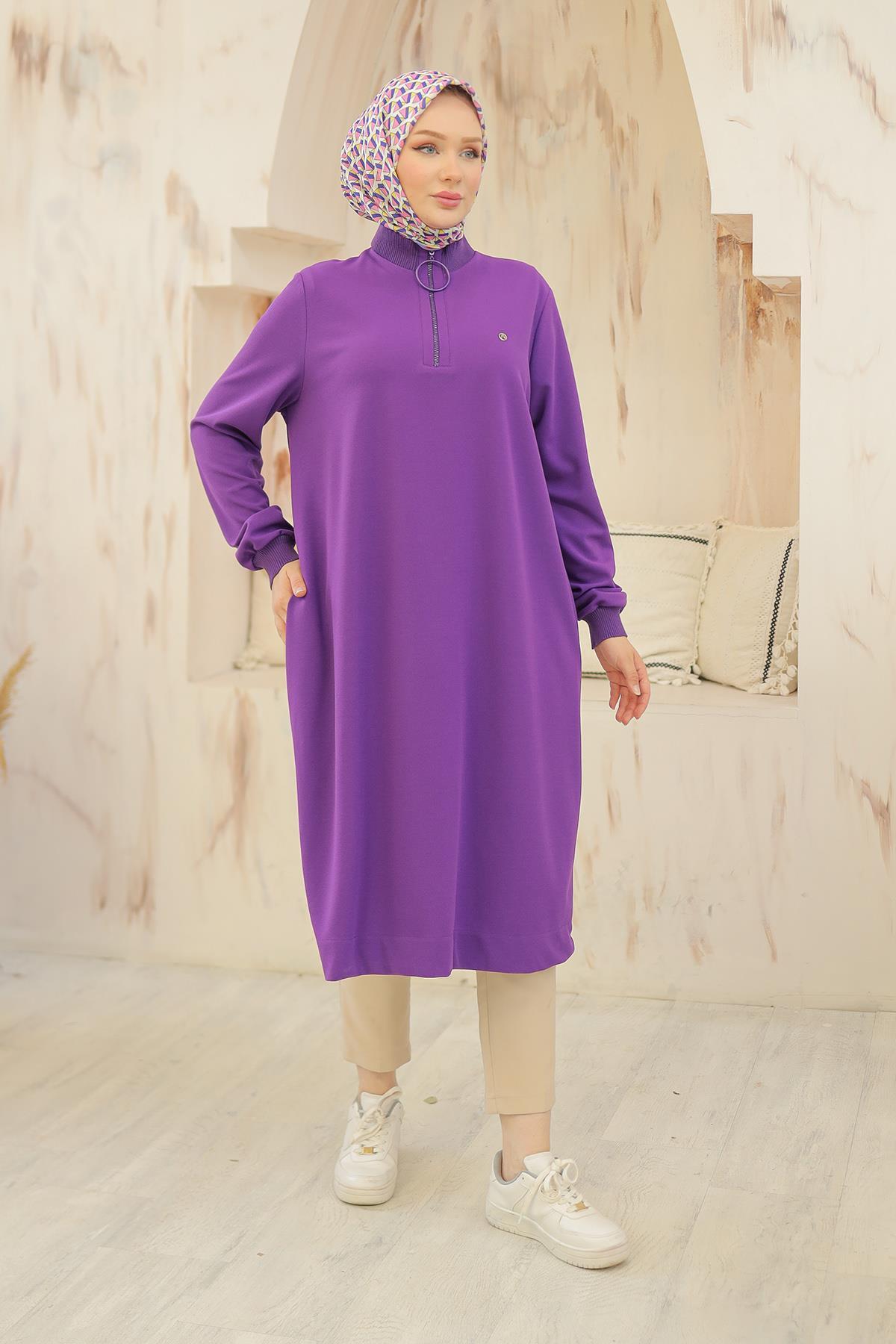 ARMİNE TREND Kolları Ribanalı Yarım Fermuarlı Tunik Mor 24KT436