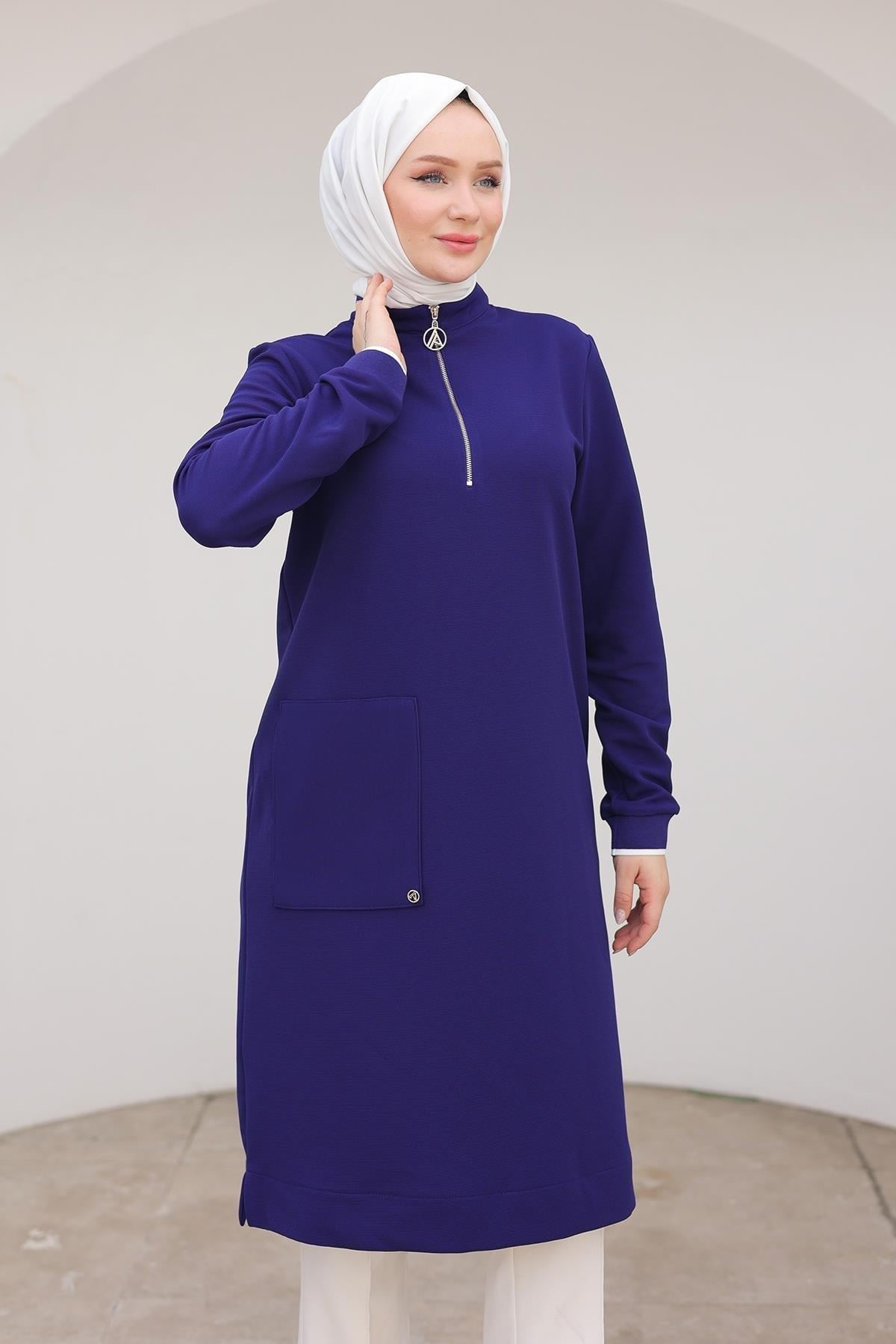 ARMİNE TREND Kolları Ribanalı Yarım Fermuarlı Tunik Morcivert 24KT453