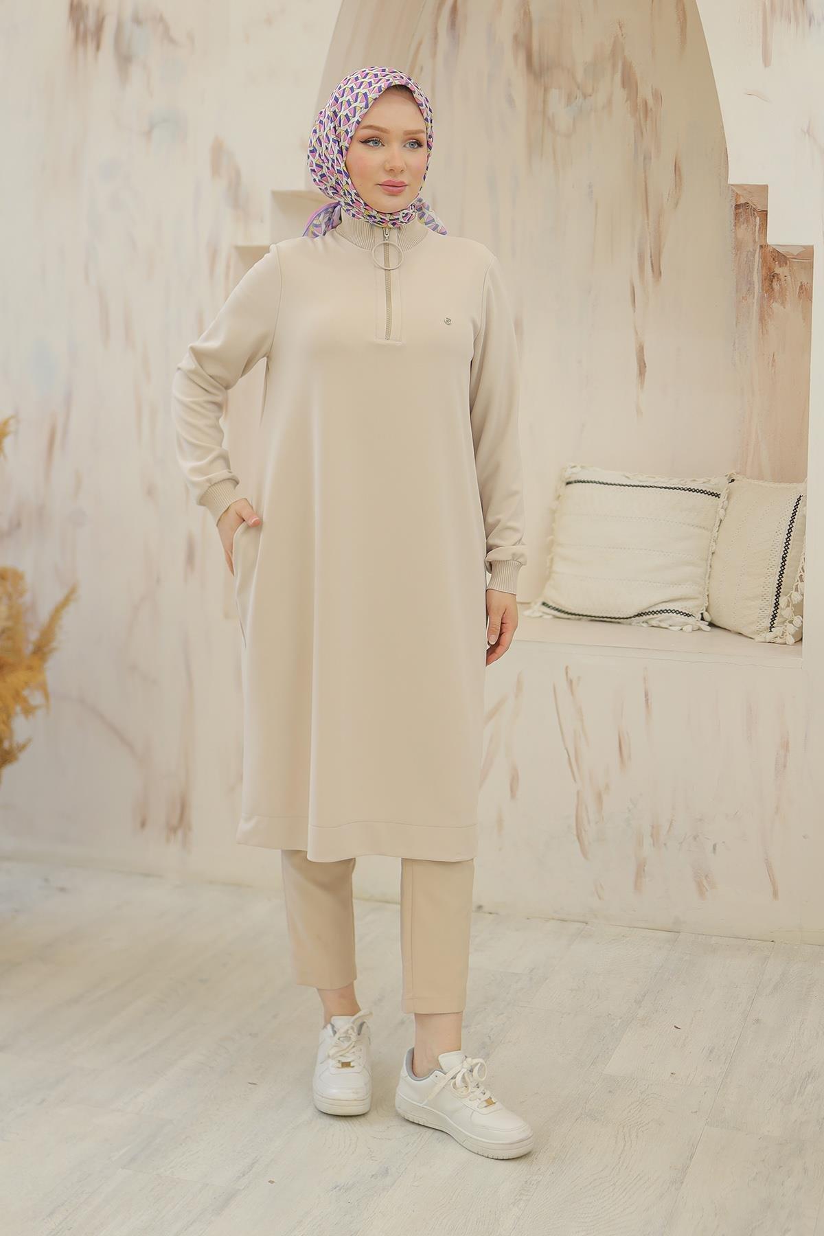 ARMİNE TREND Kolları Ribanalı Yarım Fermuarlı Tunik Taş 24KT436