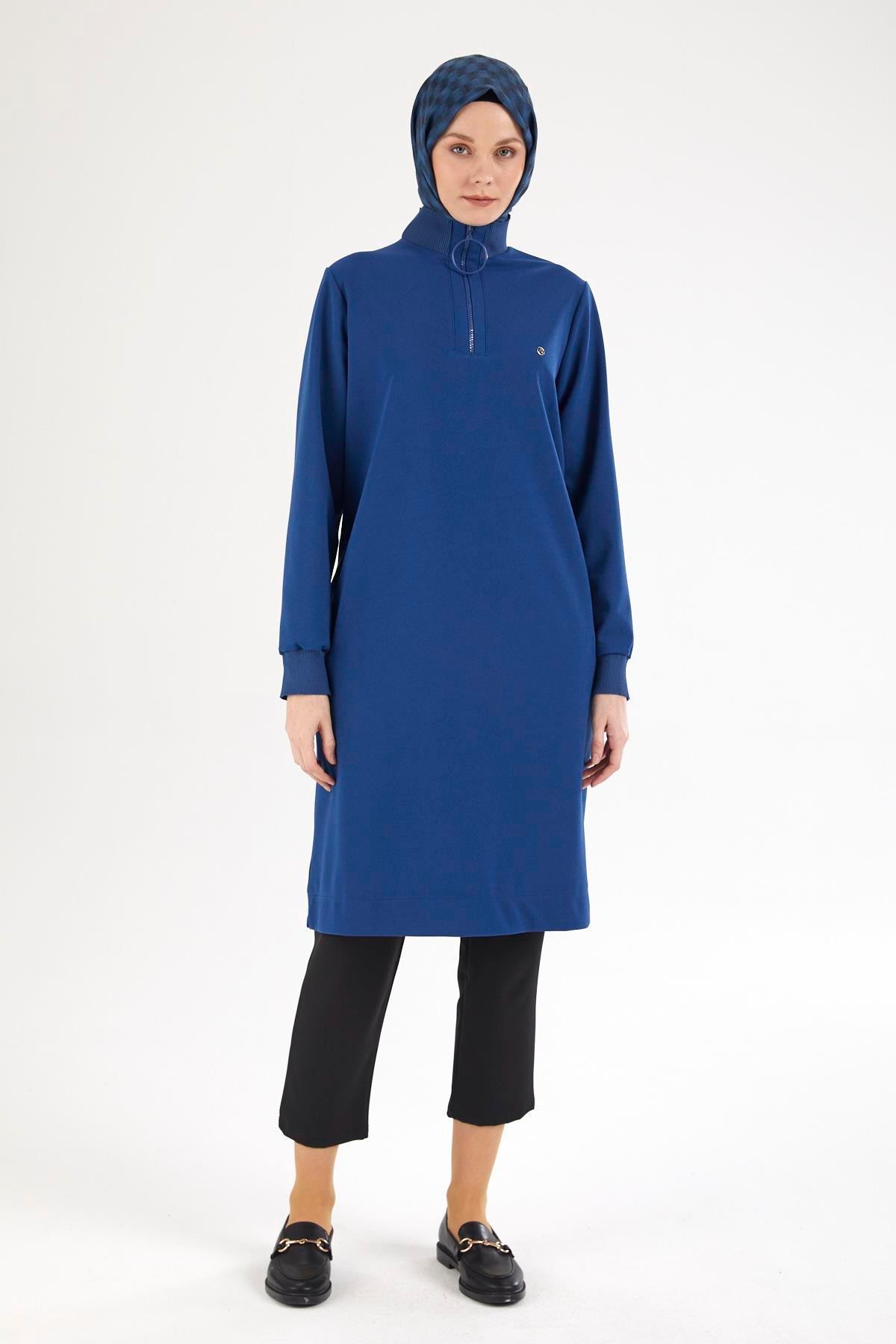 ARMİNE TREND Kolları ve Yakası Ribanalı Yarım Fermuarlı Tunik-Saks 25YT437