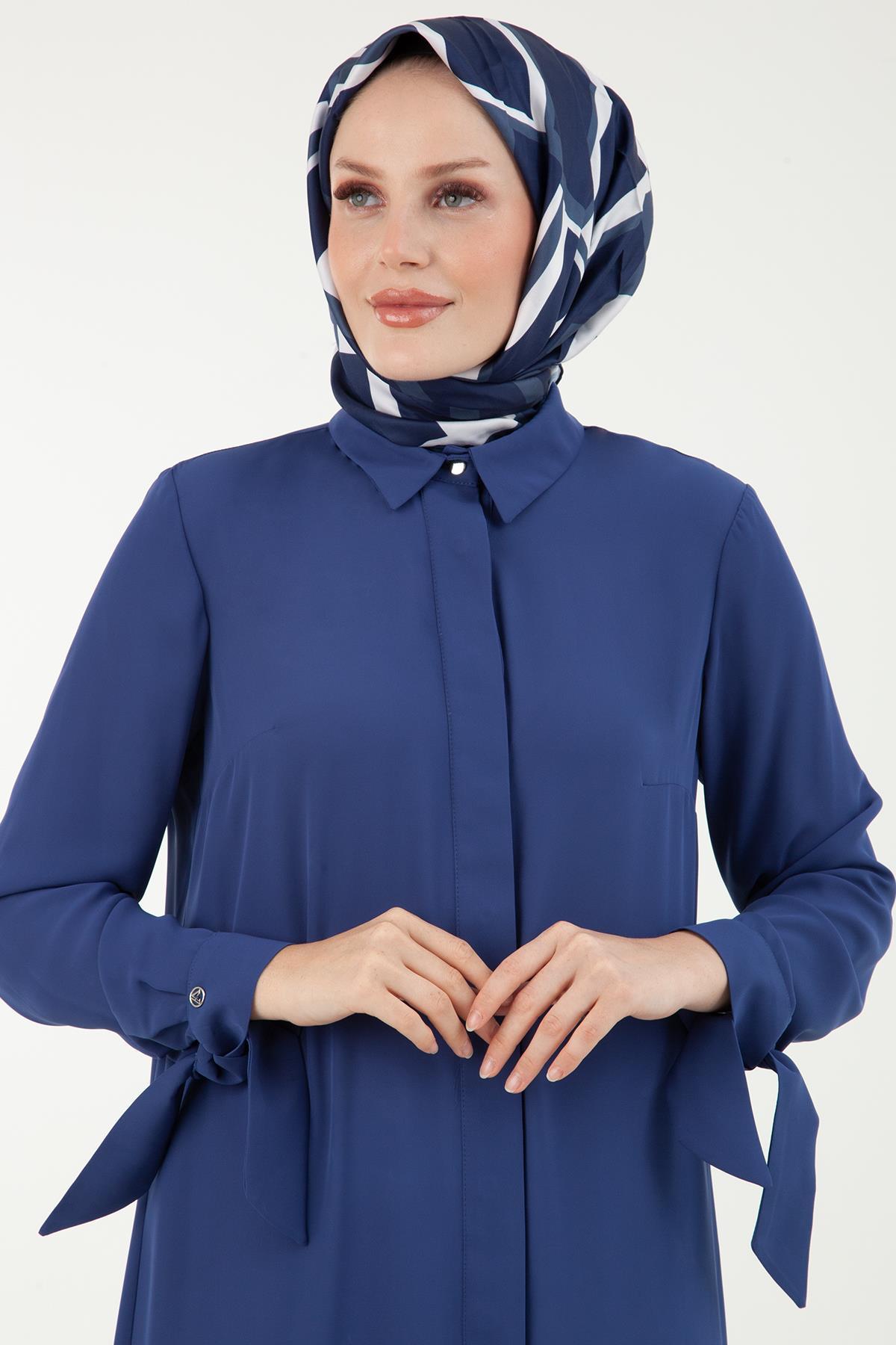 ARMİNE TREND Krep Kumaşlı Kolları Bağcık Detaylı Tunik-Gri Mavi 23YT463
