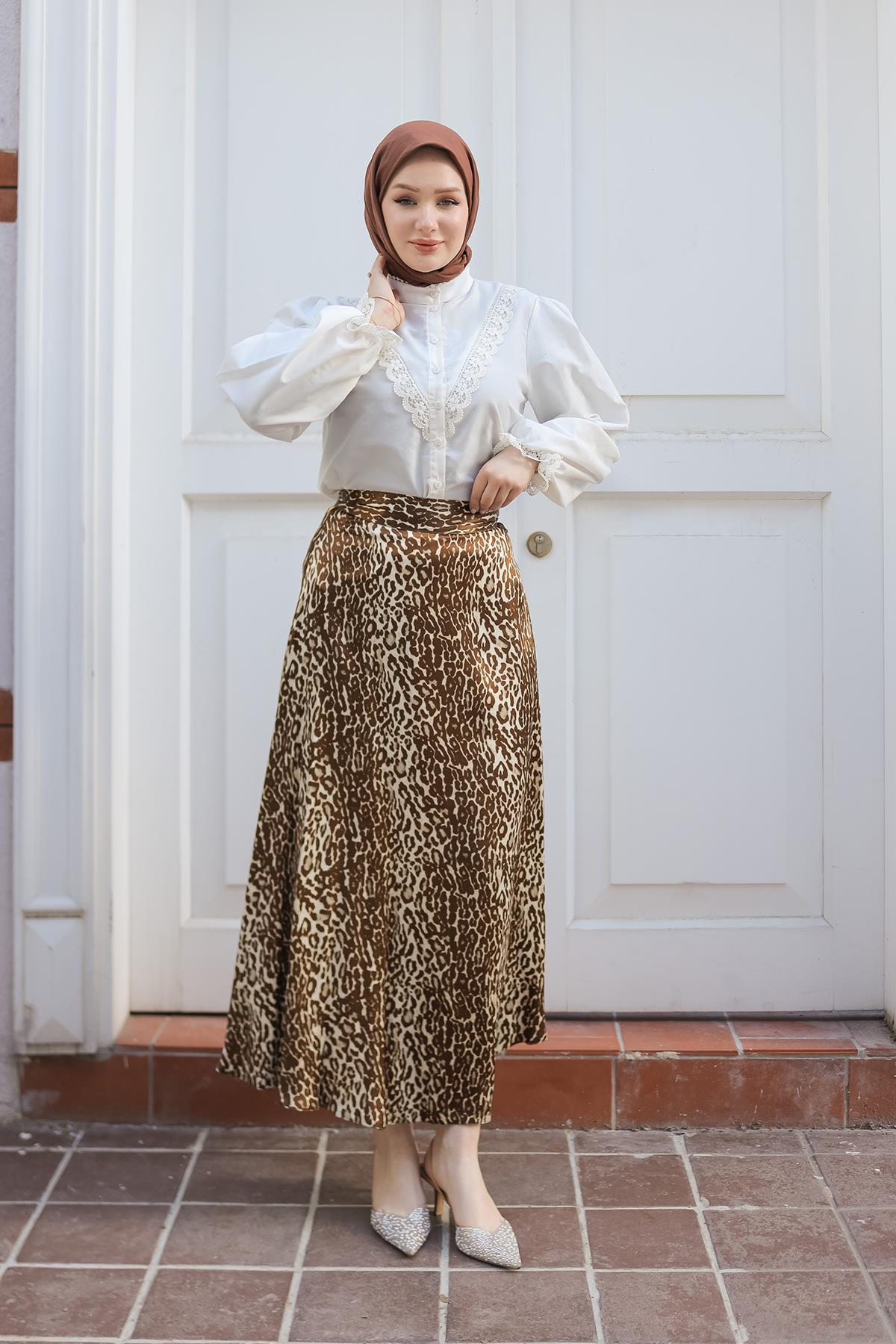 ARMİNE TREND Leopar Desenli Etek-Kahverengi 24KT103
