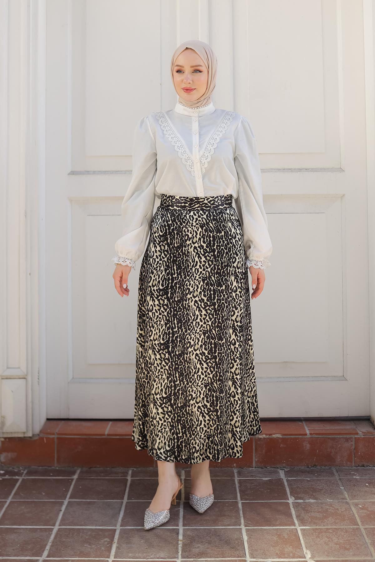 ARMİNE TREND Leopar Desenli Etek-Siyah 24KT103