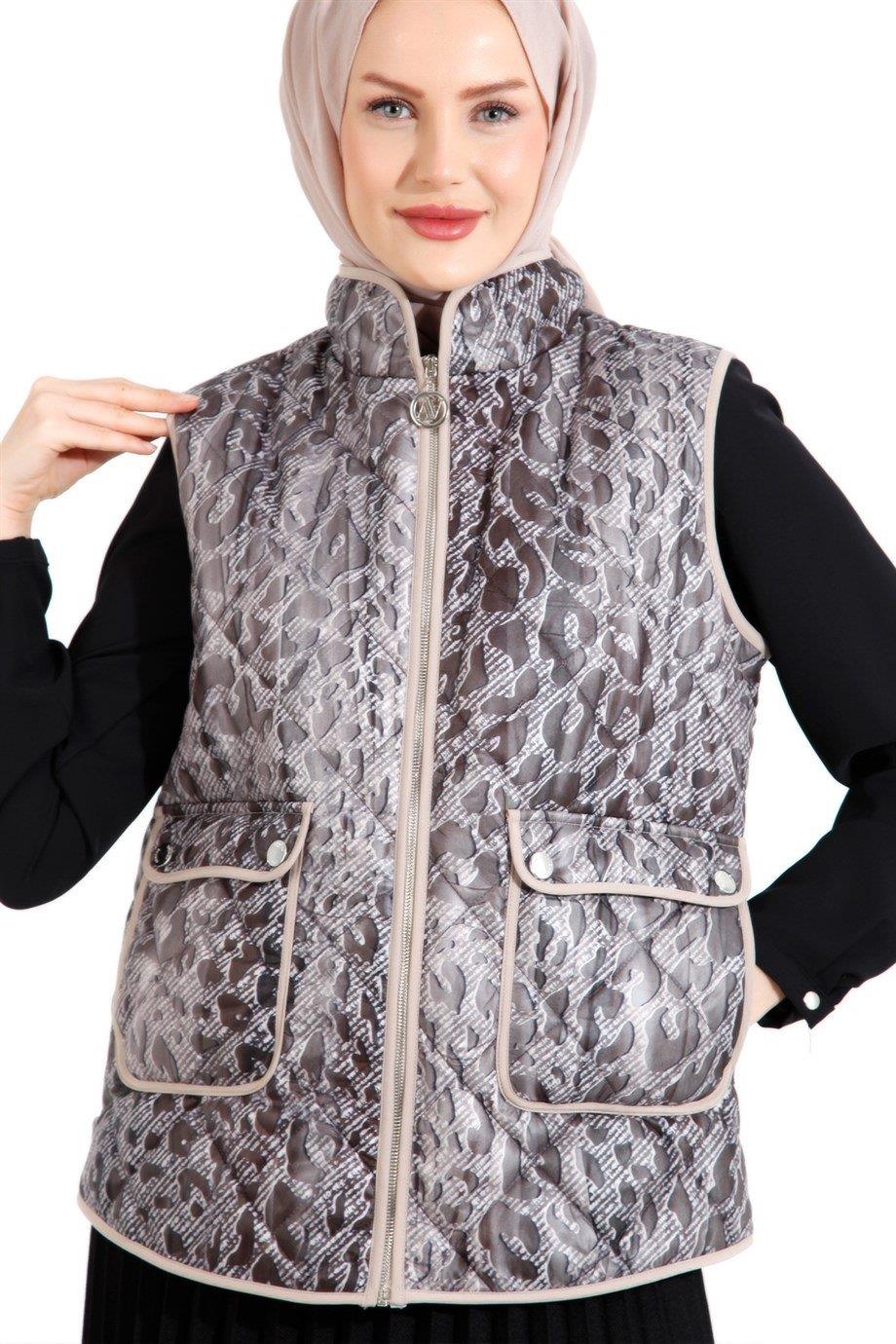 ARMİNE TREND Leopar Desenli Yandan Cepli Astarlı Kapitone Yelek-Orjinal 22KT525