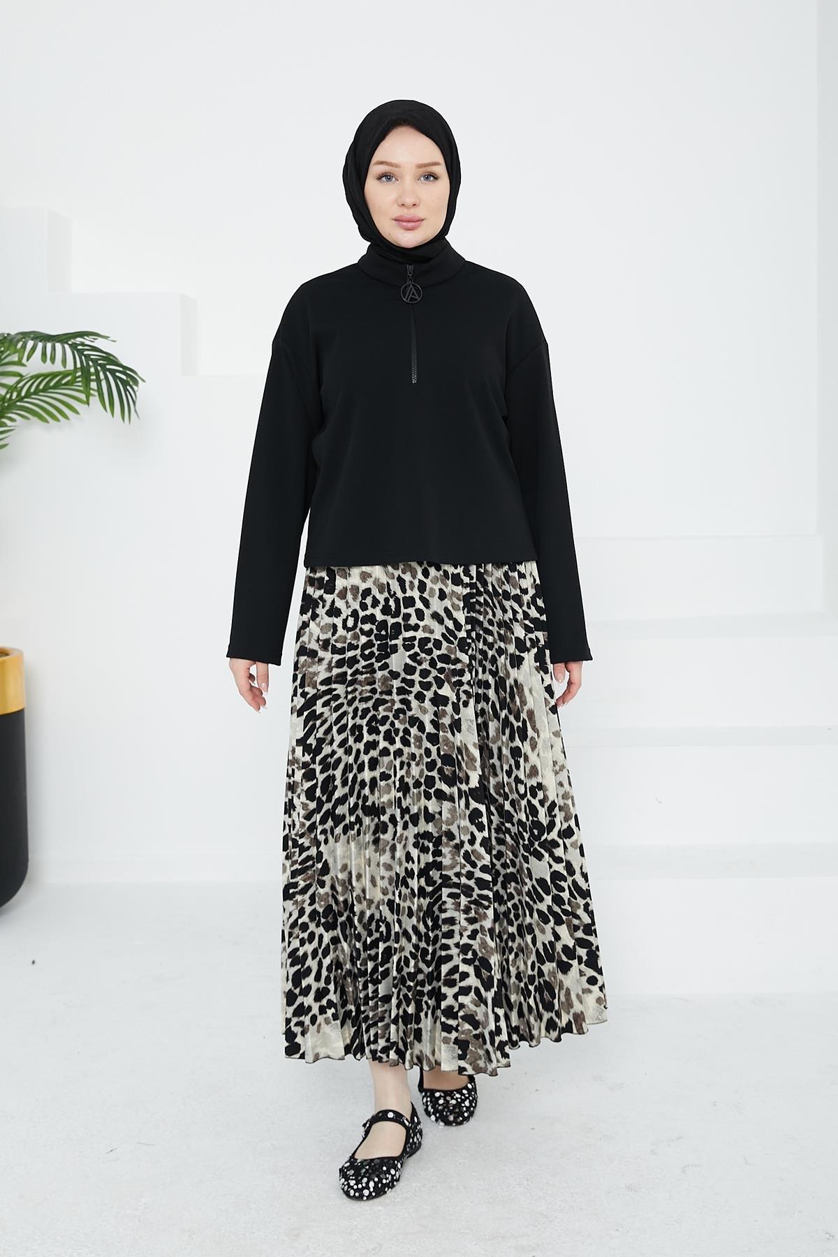 ARMİNE TREND Leopar Etekli İkili Takım-Siyah 24KT648