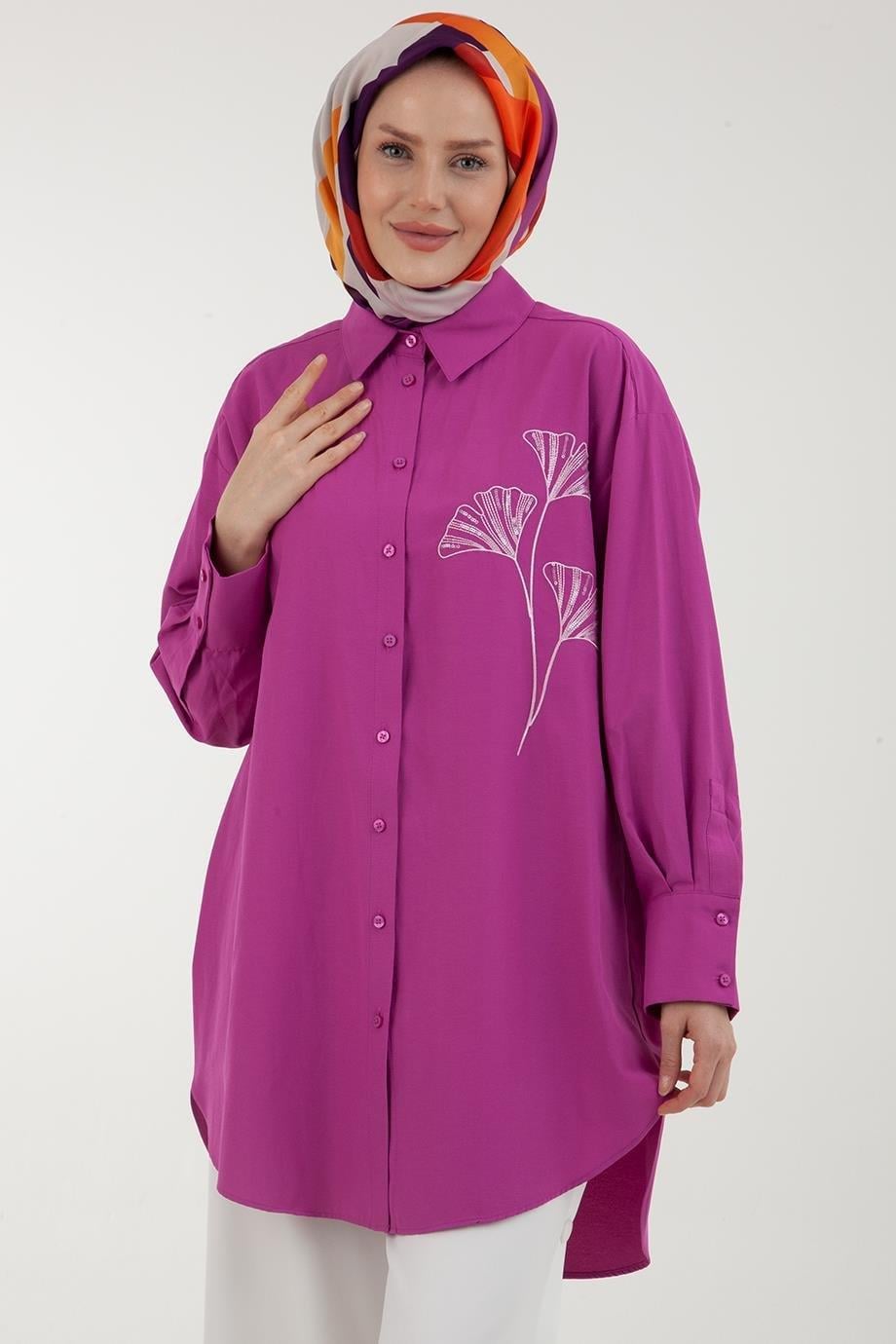 ARMİNE TREND Nakış Detaylı Kolları Pileli Salaş Tunik-Erguvan 23YT435