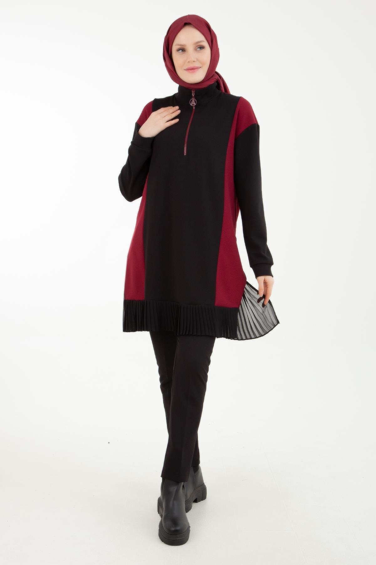 ARMİNE TREND Önden Fermuarlı Plise Detaylı Tunik-Bordo 23KT448