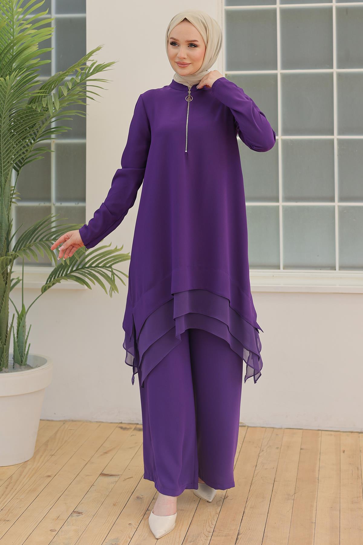 ARMİNE TREND Önden Fermuarlı Plise Detaylı Pantolonlu İkili Takım Koyu Mor 24YT646