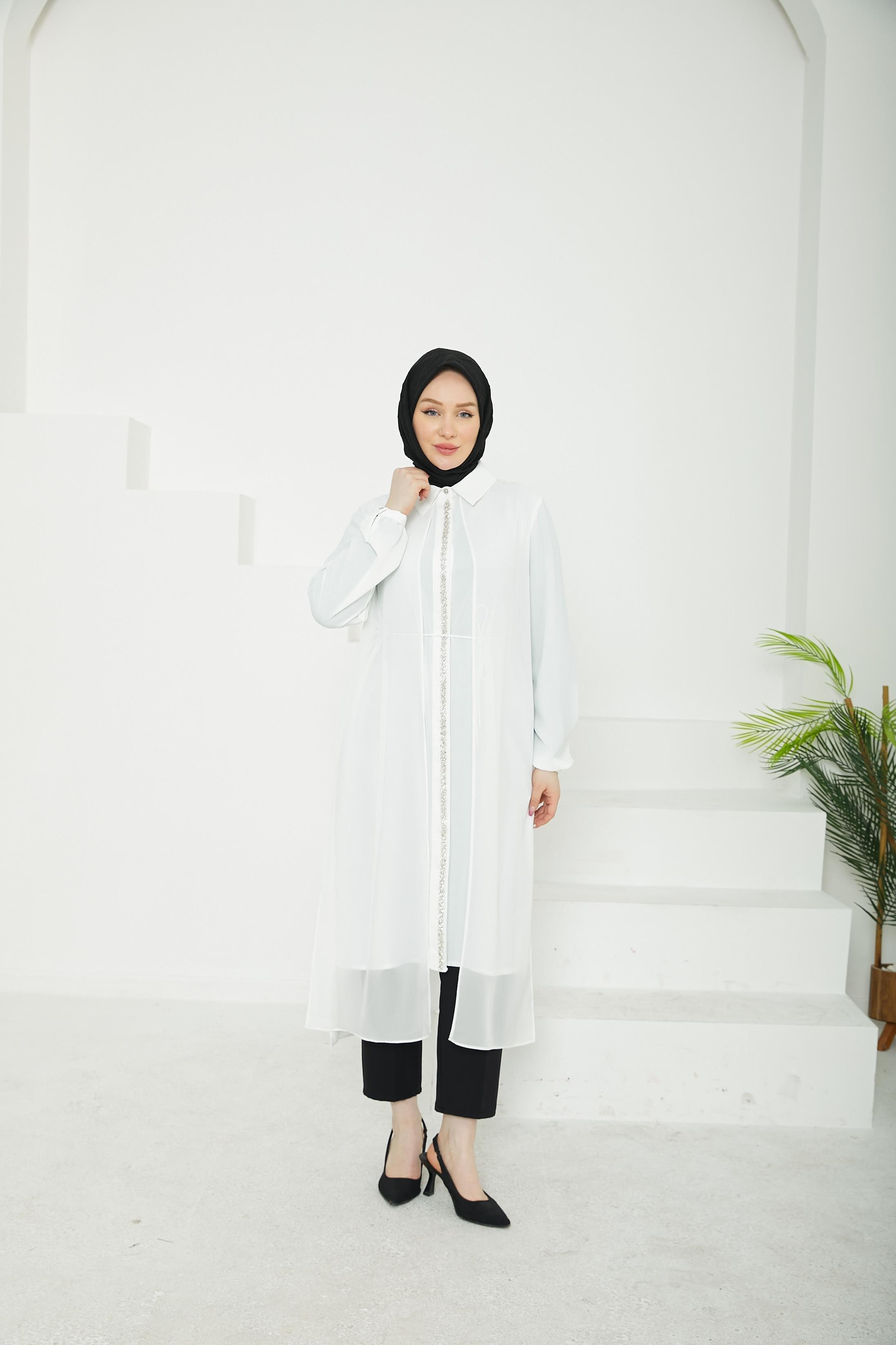 ARMİNE TREND Önden Taş Desenli Yakalı Tüllü Tunik-Ekru-25YT417