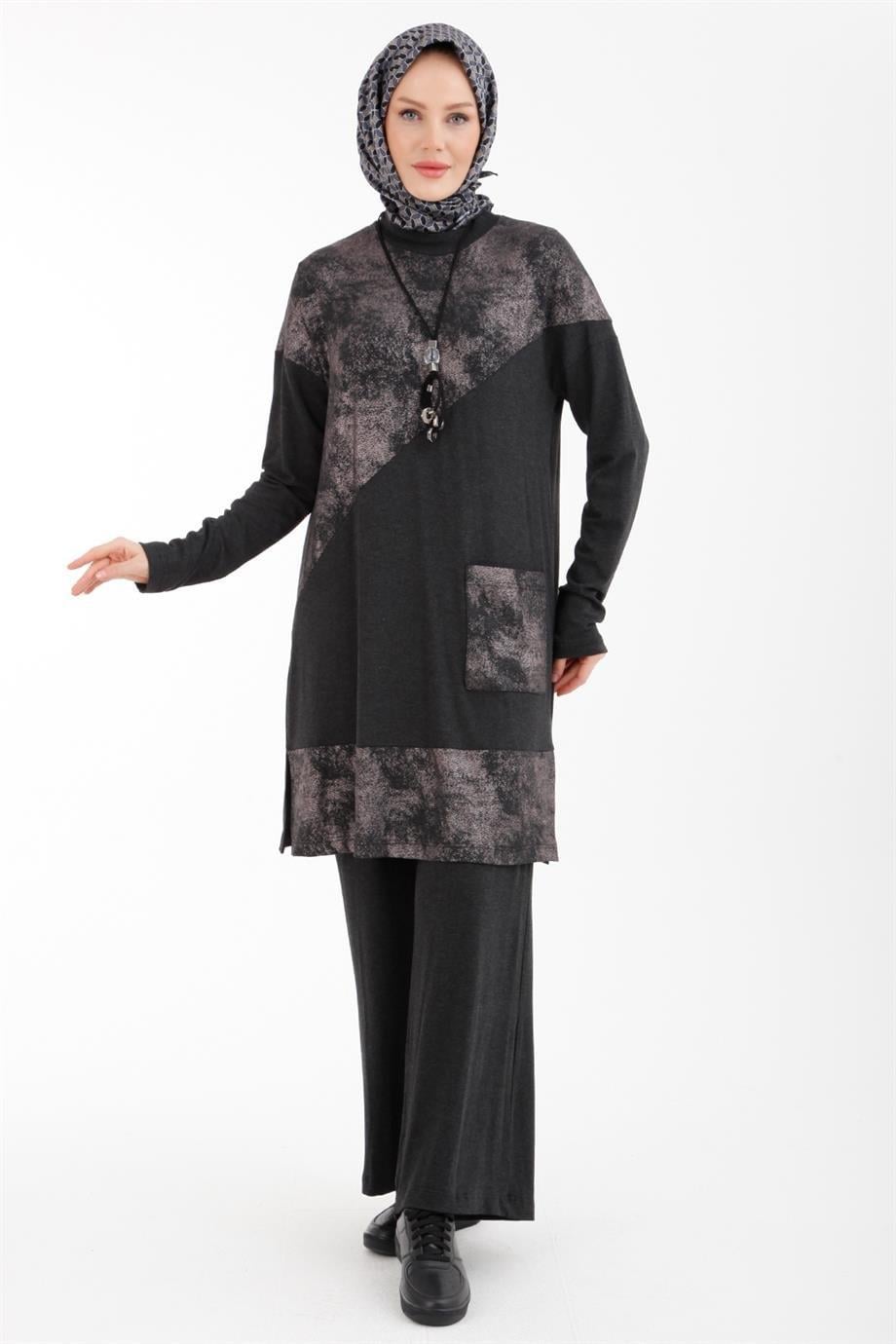 ARMİNE TREND Örme Krep Kumaş Pantolon Beli Lastikli İkili Takım-Antrasit 23YT627