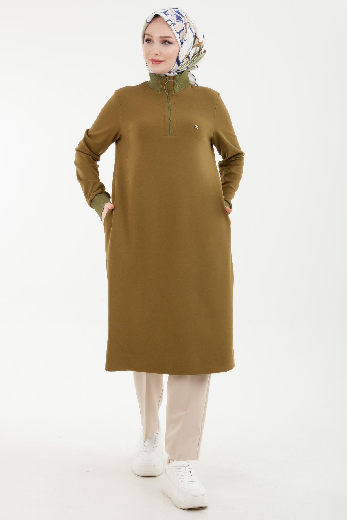 ARMİNE TREND Örme Kumaş Yakası Fermuarlı Ribanalı Kışlık Tunik-Olive 23KT442
