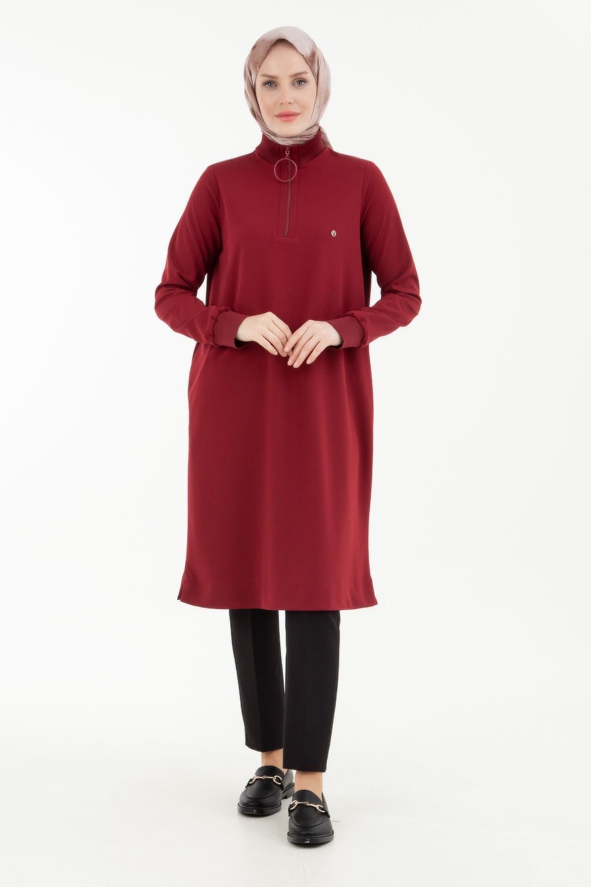 ARMİNE TREND Örme Kumaş Yakası Fermuarlı Ribanalı Kışlık Tunik-Bordo 23KT442