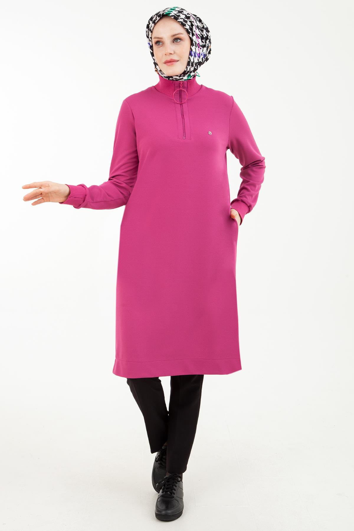 ARMİNE TREND Örme Kumaş Yakası Fermuarlı Ribanalı Kışlık Tunik-Pembe 23KT442