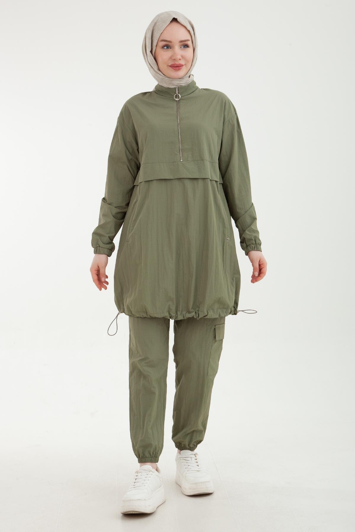 ARMİNE TREND Paraşüt Kumaşlı Belden Lastikli Pantolonlu İkili Takım Yeşil 24YT617
