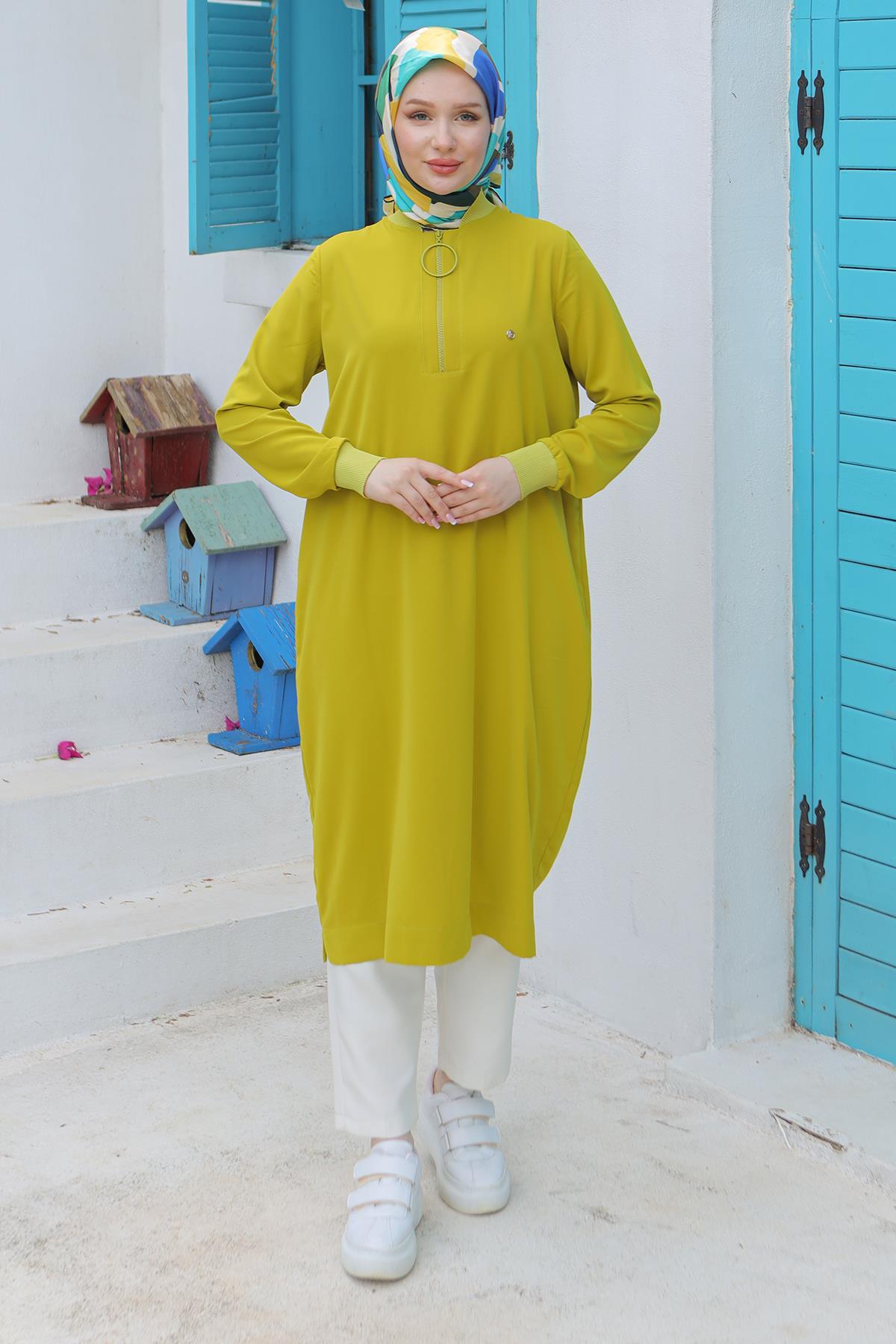 ARMİNE TREND Ribanalı Fermuarlı Krep Kumaşlı Tunik Olive 24YT436