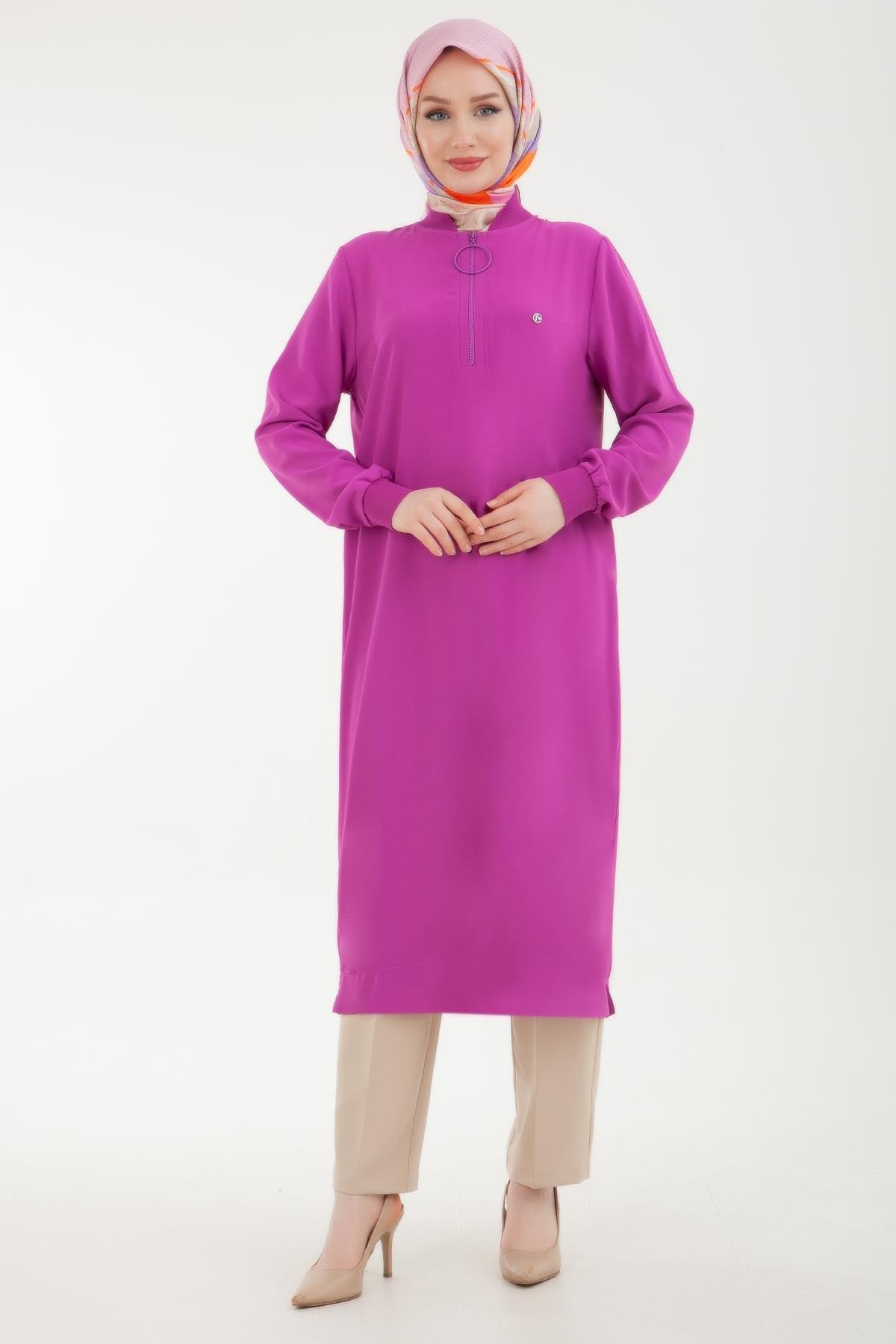 ARMİNE TREND Ribanalı Fermuarlı Krep Kumaşlı Tunik Mor 24YT436