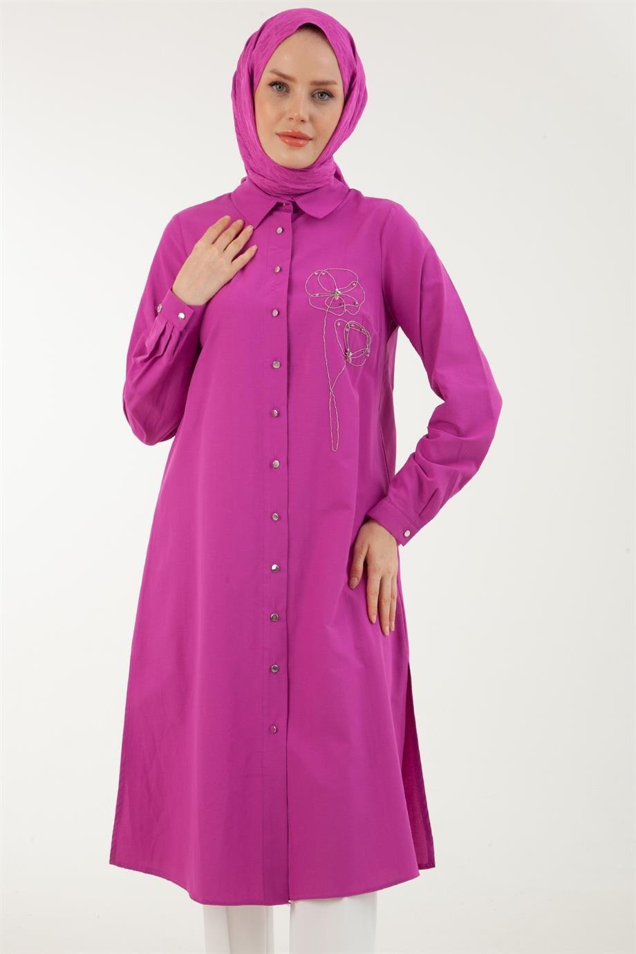 ARMİNE TREND Taşlı Çiçek Desenli Düğmeli Tunik-Erguvan 23YT444