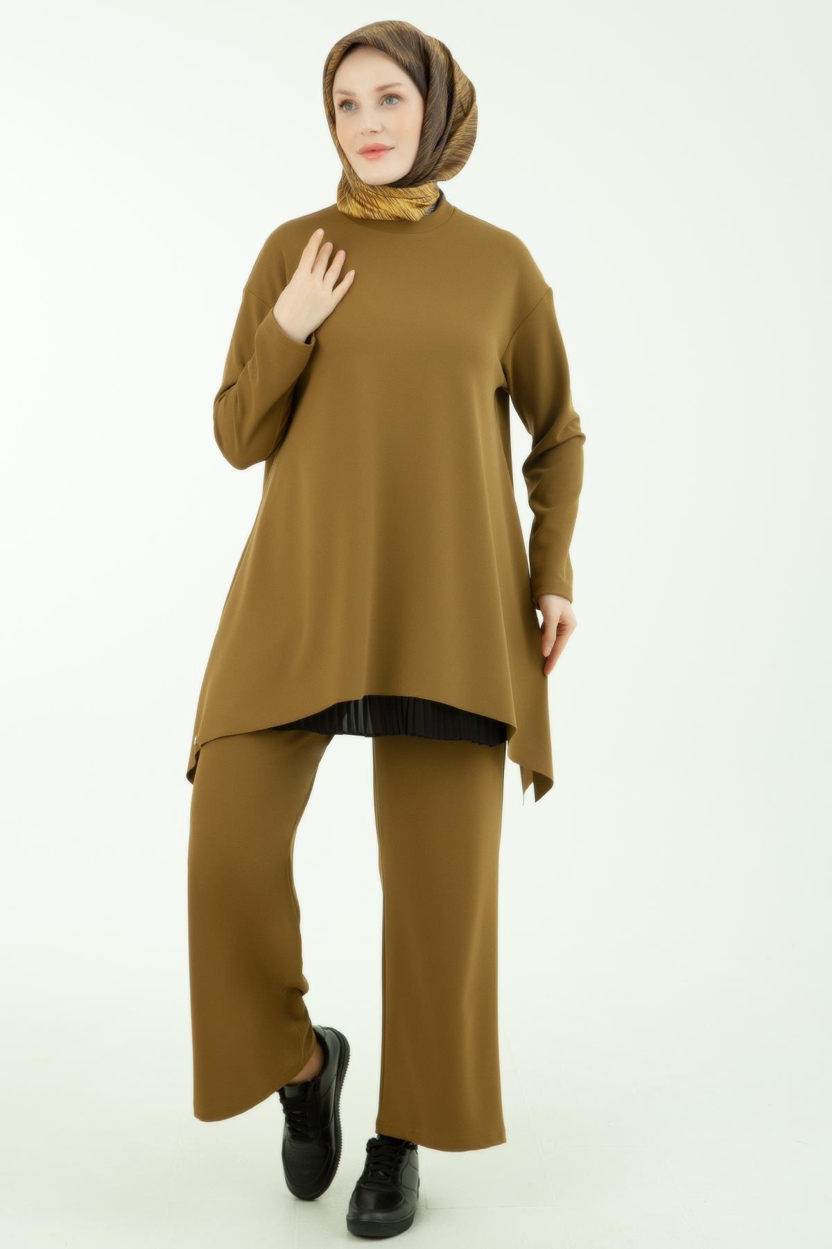 ARMİNE TREND Üçlü Takım Sendi Kumaş Pantolon Beli Lastikli Tunik İç Astarlı  Etek Ucu Piliseli-Y.Yeşil 23KT630