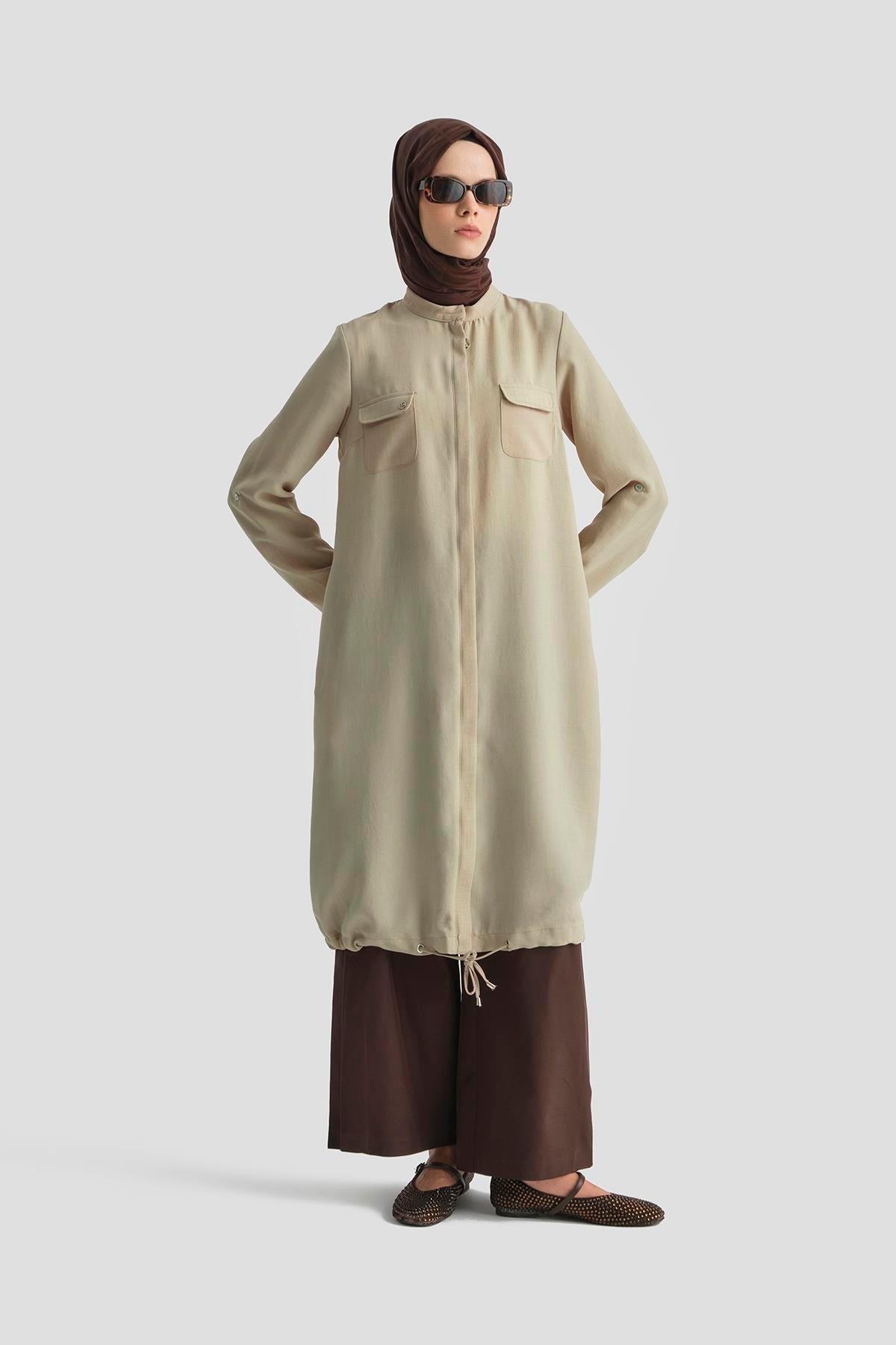 ARMİNE TREND Yakaları Cepli Gizli Fermuarlı Tunik-Bej 25YT4138