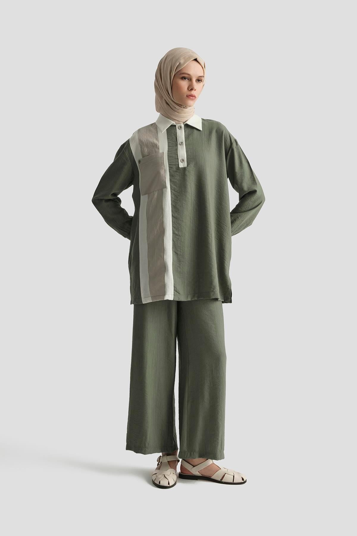 ARMİNE TREND Yakalı Düğmeli Pantolonlu İkili Takım-Haki 25YT6130