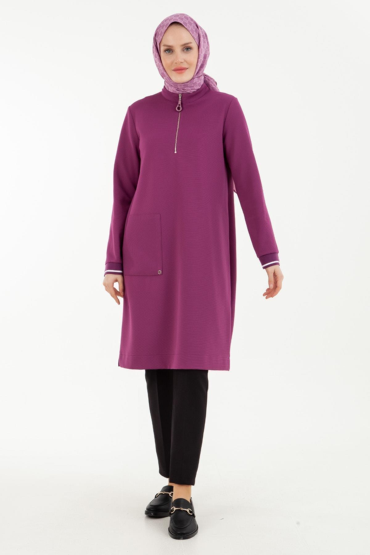 ARMİNE TREND Yakası Fermuarlı Kolları Ribanalı Örme Kumaş Tunik-Erguvan 23KT439