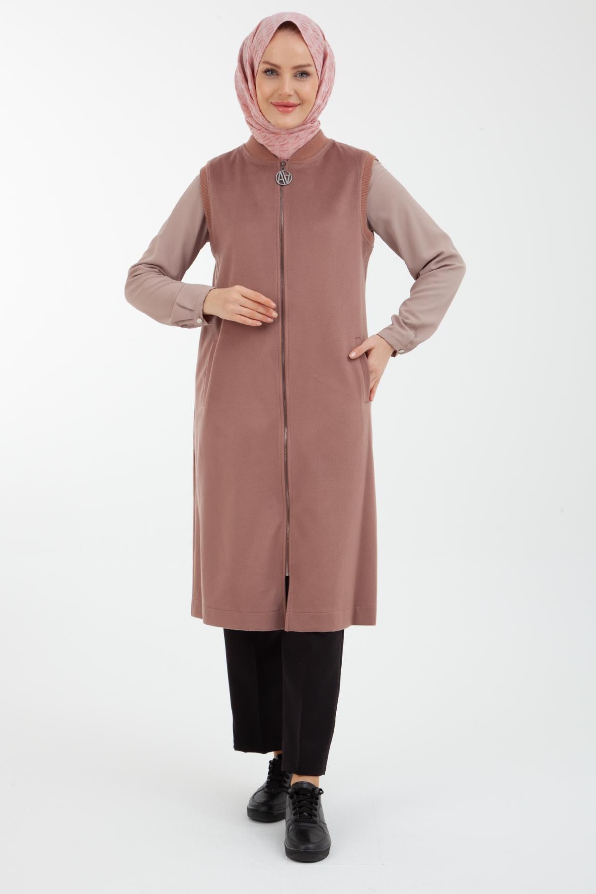 ARMİNE TREND Yakası Ribanalı Yandan Cepli Fermuarlı Kaşe Yelek-Gül 22KT527