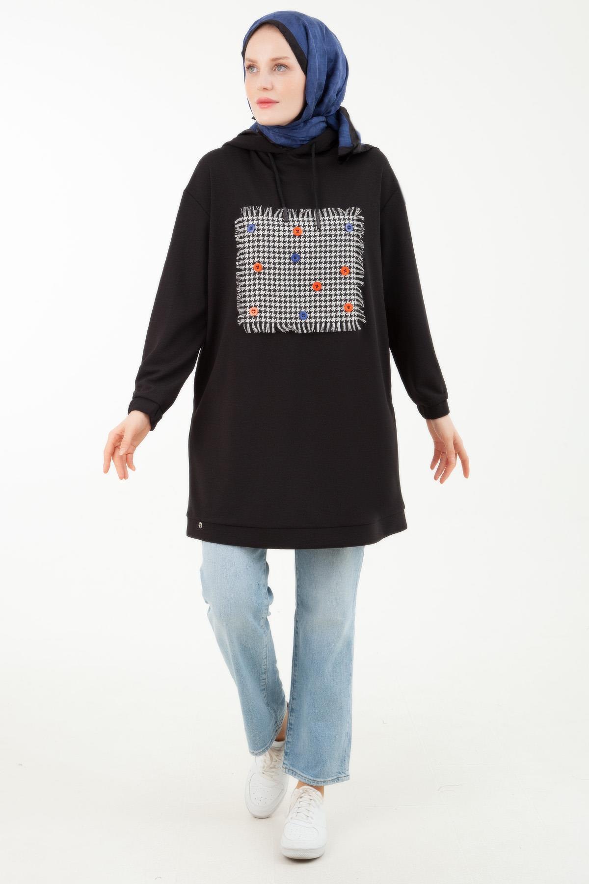 ARMİNE TREND Yandan Cepli Kolları Lastikli Kapüşonlu Tunik-Siyah 23KT420