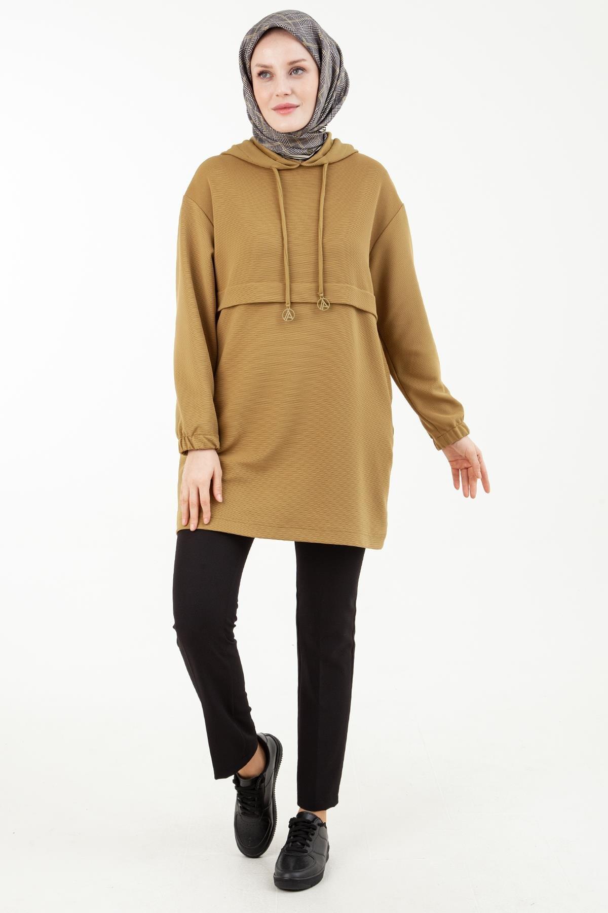 ARMİNE TREND Yandan Cepli Kolları Lastikli Kapüşonlu Tunik-Olive 23KT446