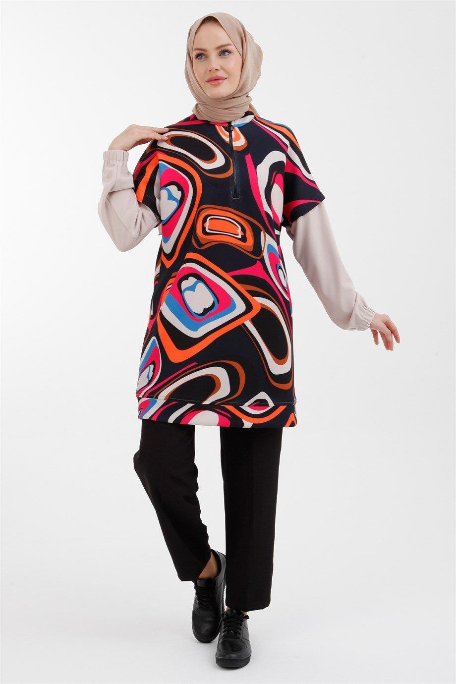 ARMİNE TREND Yanlar Cepli Kolları Lastikli Scuba Kumaş Tunik-Siyah-Fuşya 22KT421