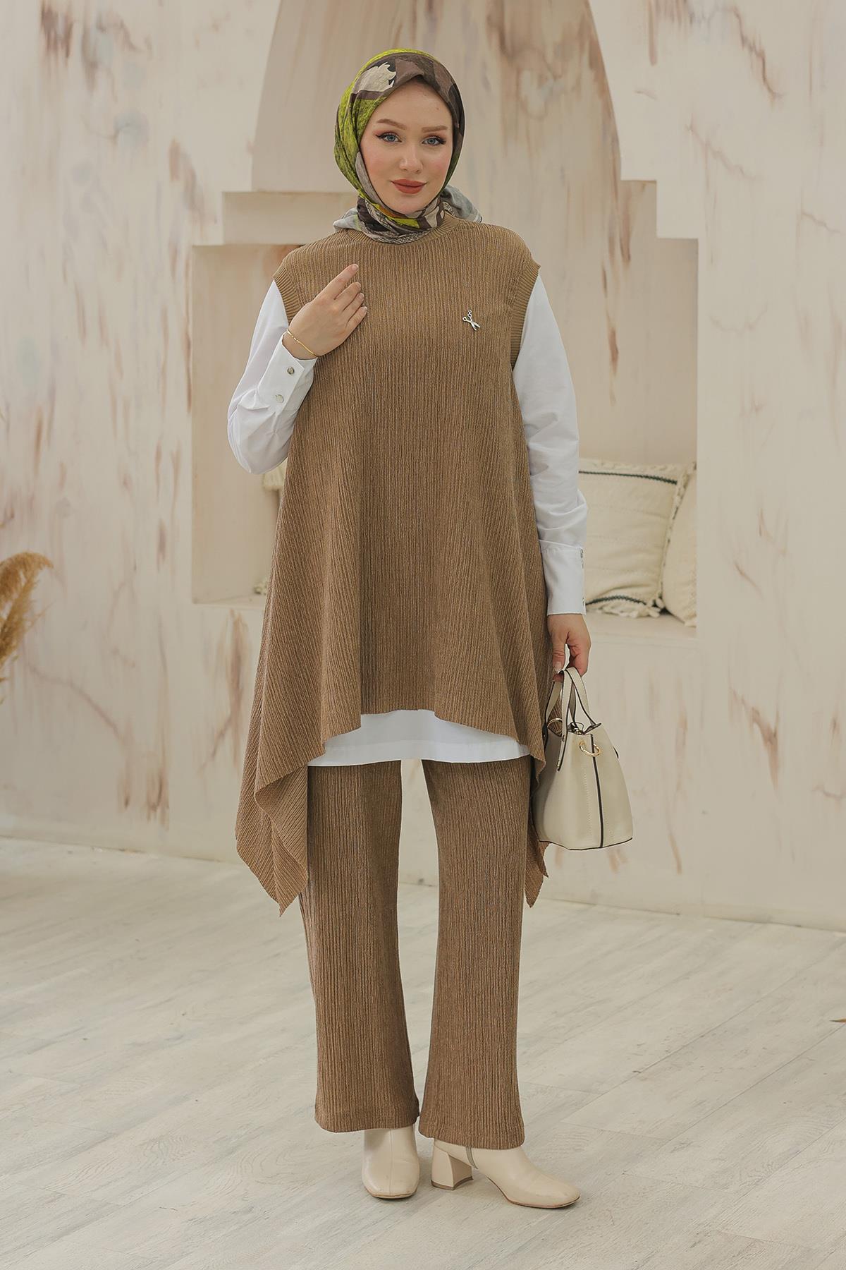 ARMİNE TREND Yarasa Desenli Gömlek Yakalı Üçlü Takım Camel 24KT634