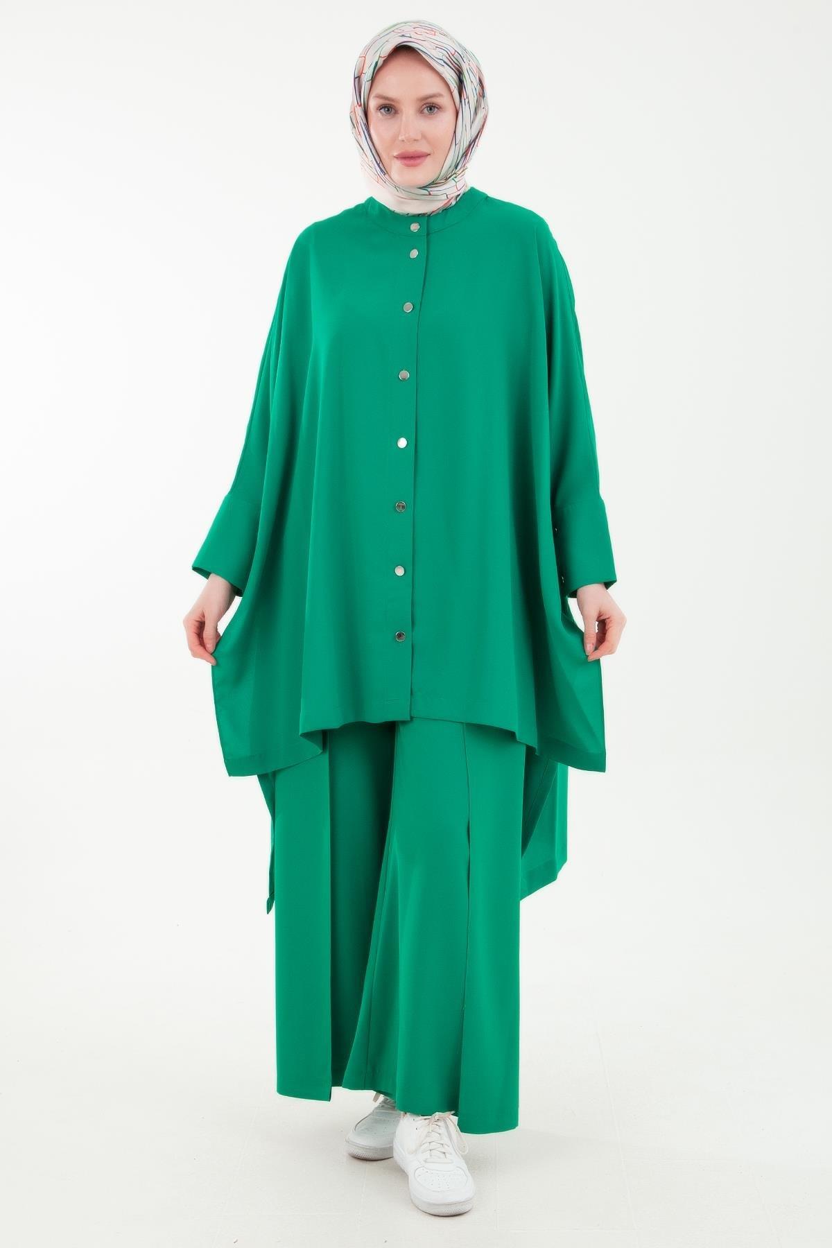 ARMİNE TREND Yarasa Kollu Çıt Çıtlı Pantolonlu İkili Takım Benetton Yeşili 23YT634