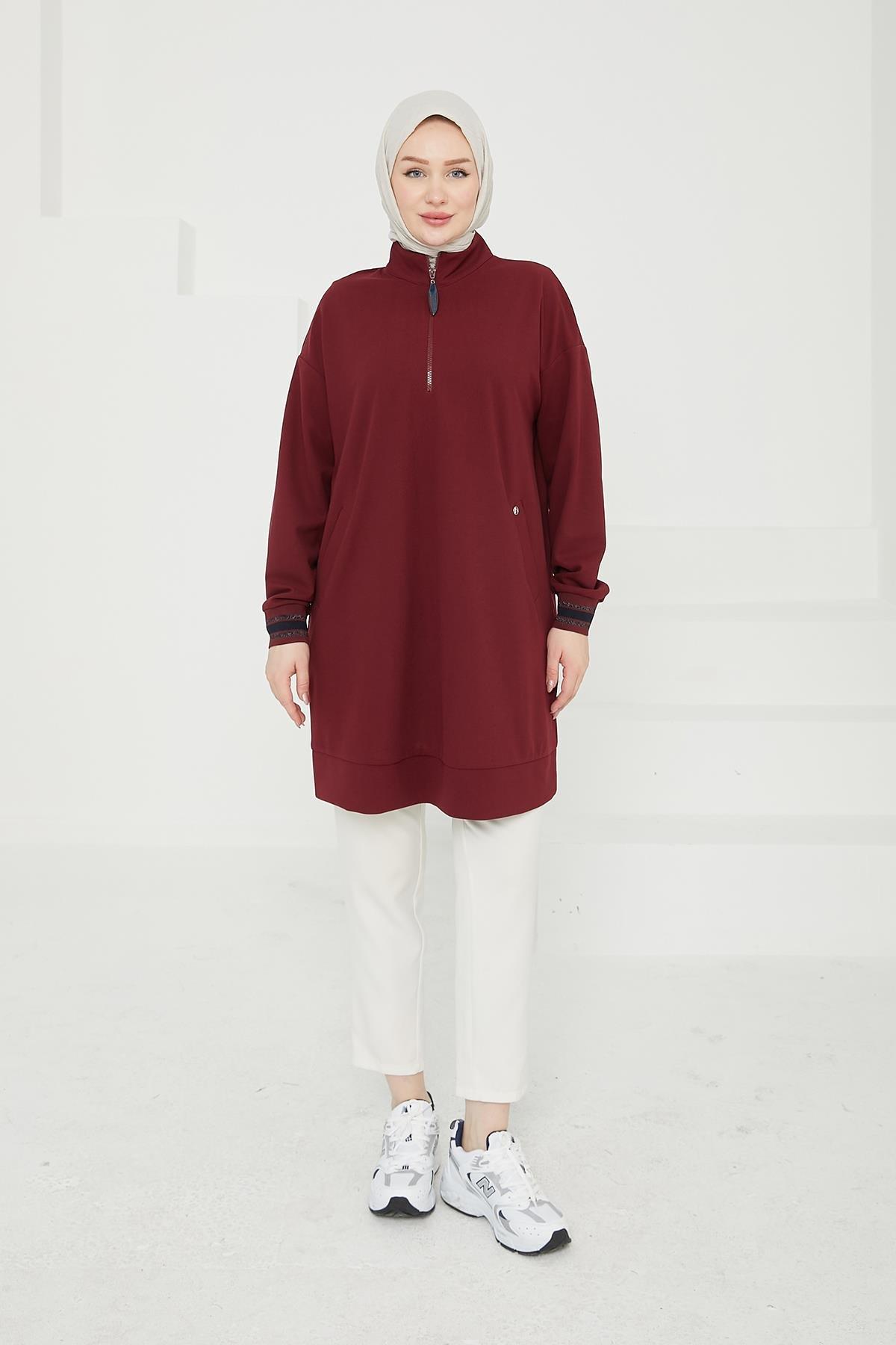 ARMİNE TREND Yarım Fermuarlı Kolları Ribanalı Tunik-Bordo 24KT480