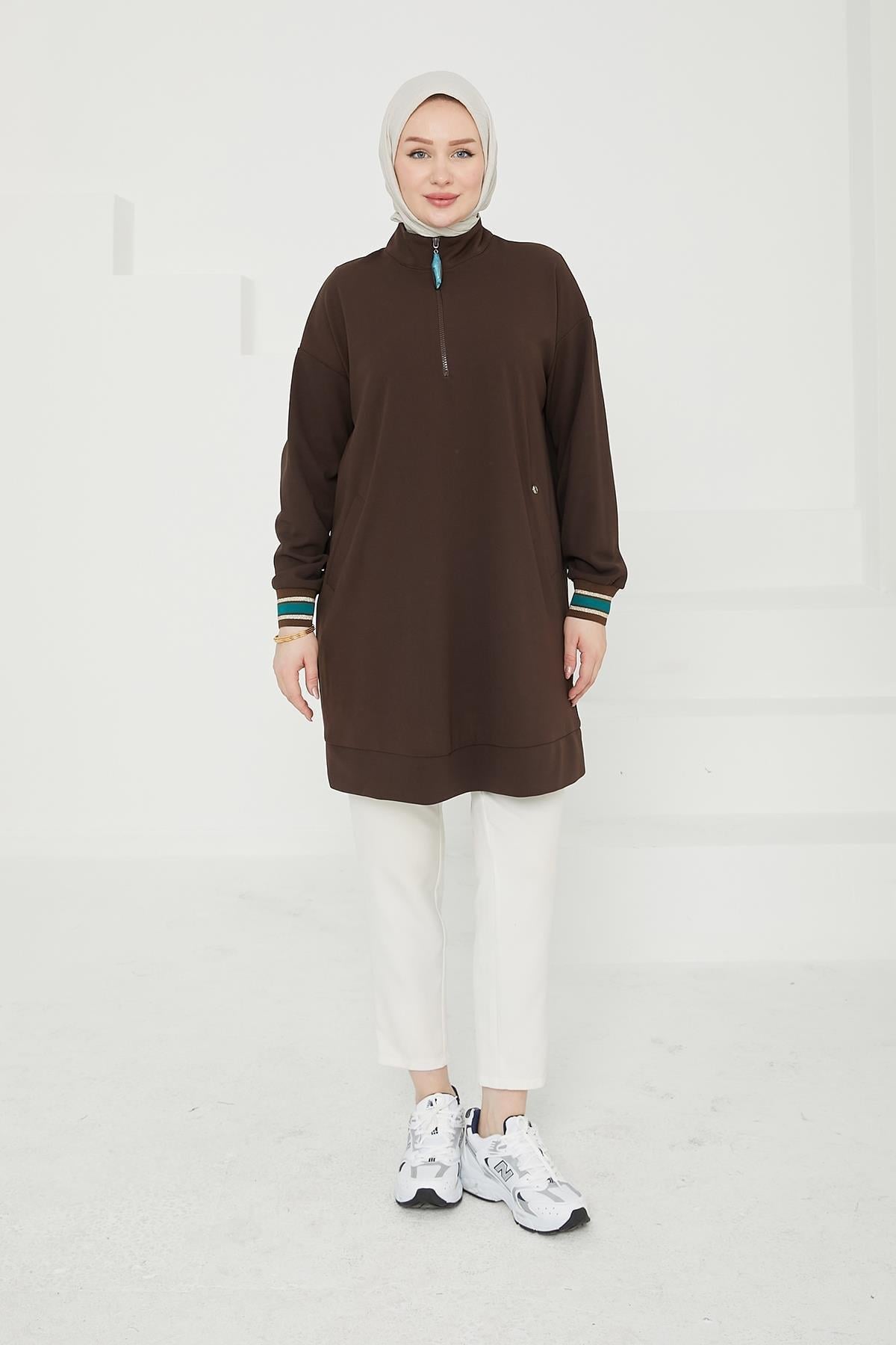 ARMİNE TREND Yarım Fermuarlı Kolları Ribanalı Tunik-Acı Kahve 24KT480