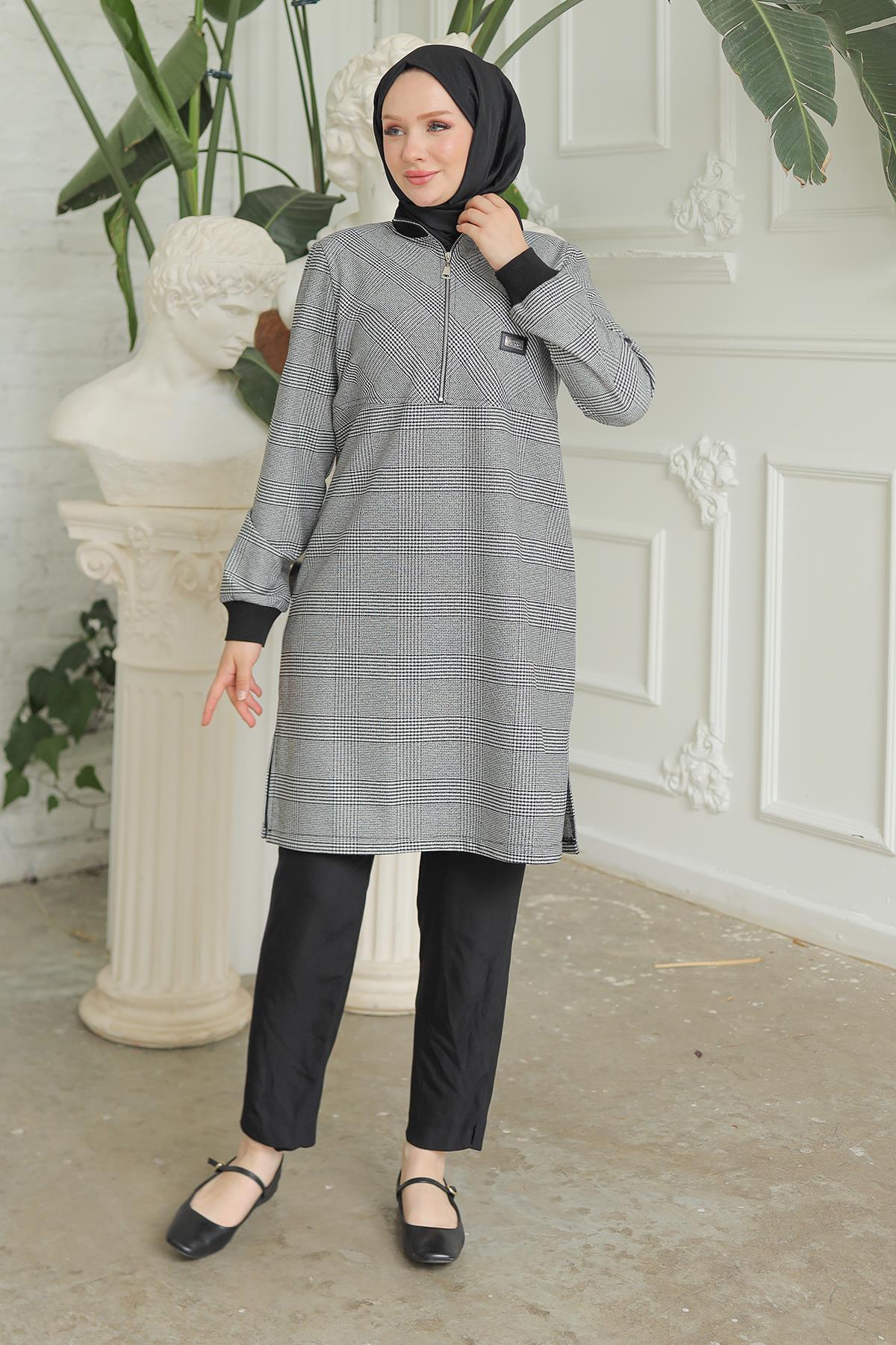 ARMİNE TREND Yarım Fermuarlı Kolları Ribanalı Tunik Siyah 24KT416