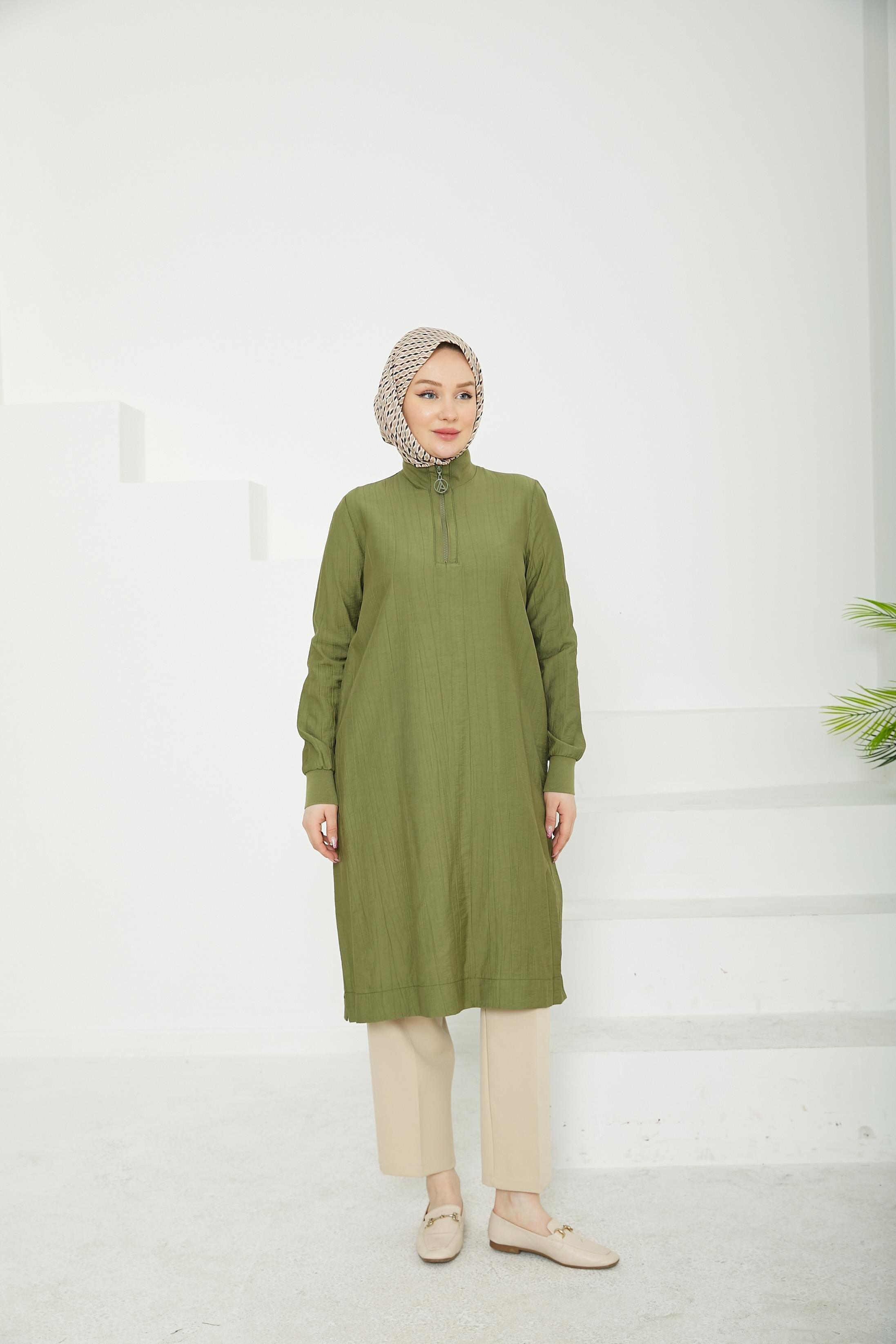 ARMİNE TREND Yarım Fermuarlı Kolları ve Yakası Ribanalı Tunik-Haki-25YT433