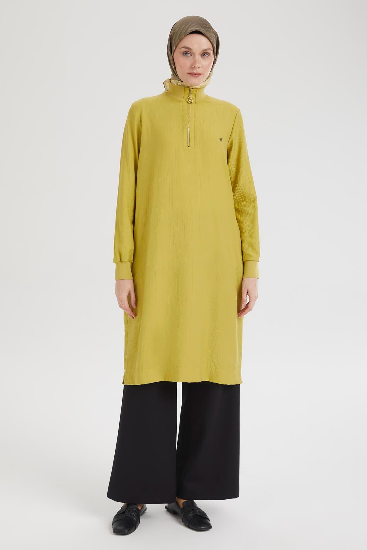 ARMİNE TREND Yarım Fermuarlı Kolları ve Yakası Ribanalı Tunik-Olive-25YT433