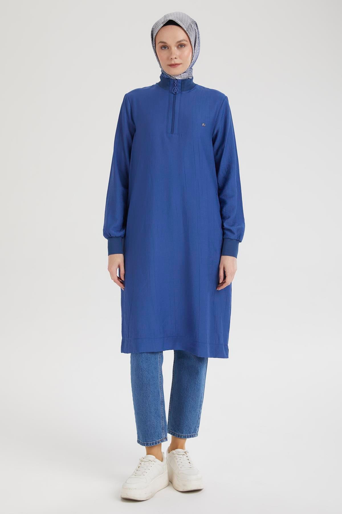 ARMİNE TREND Yarım Fermuarlı Kolları ve Yakası Ribanalı Tunik-Saks-25YT433