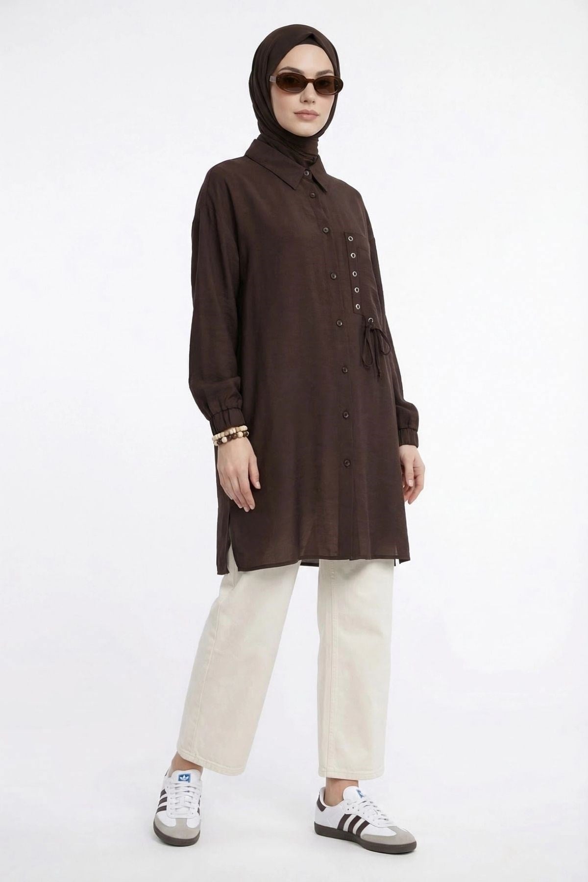 Armine Trend Cebi Kuşgözü ve Bağcık Detaylı Tunik Kahverengi 26YTD451