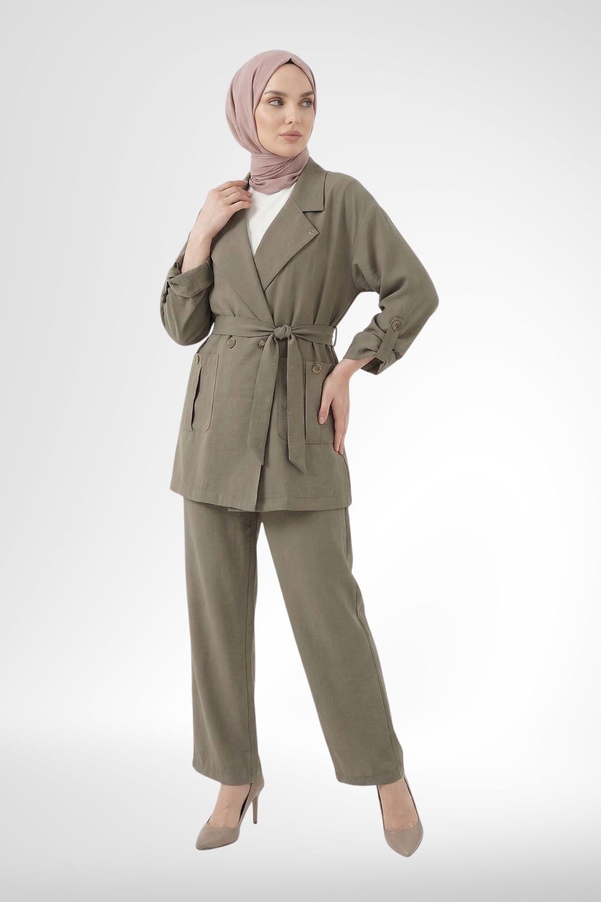 Armine Trend Kruvaze Ceketli Pantolonlu Takım Haki 26YTD6113