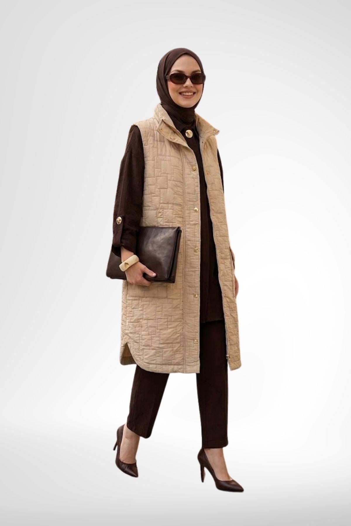 Armine Trend Kapitone Uzun Yelek Bej 26YT538