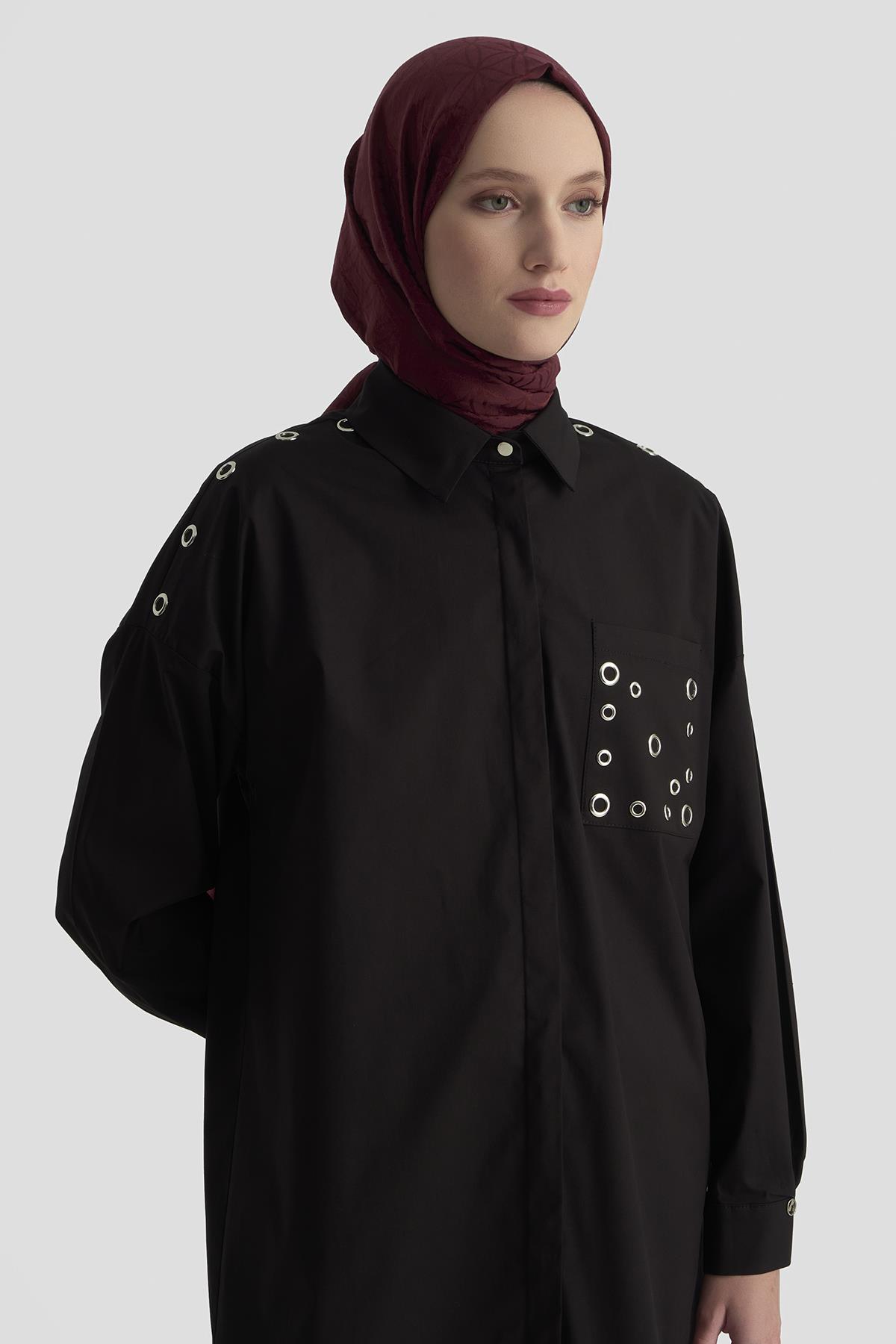 ARMİNE TREND Gizli Düğmeli Kuşgözü Detaylı Gömlek Siyah 25KT420