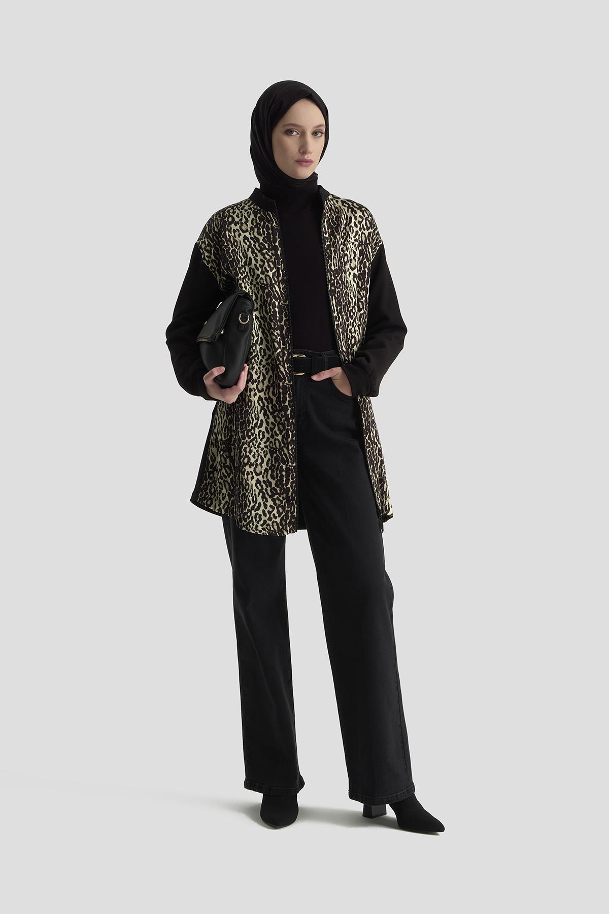 ARMİNE TREND Leopar Desenli Cepli Fermuarlı Tunik Siyah 25KT429