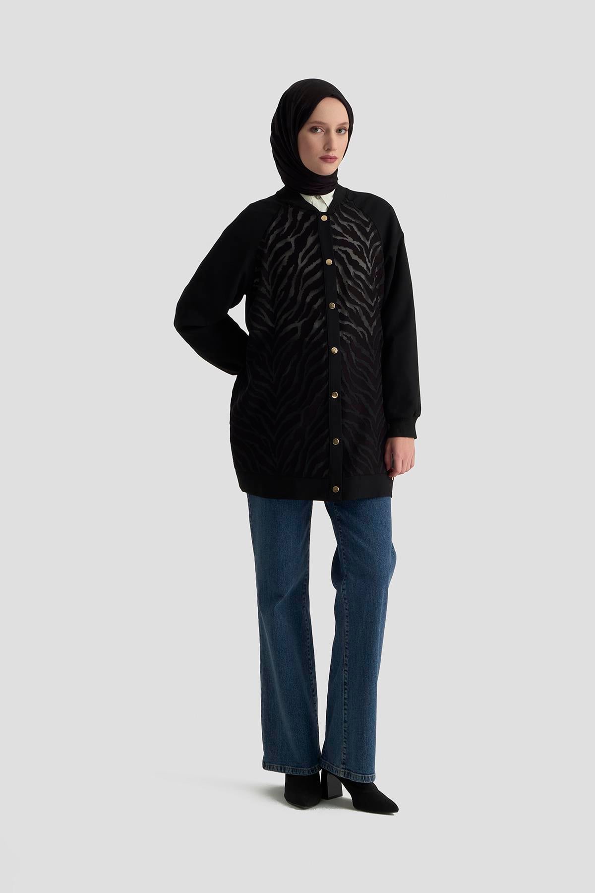 ARMİNE TREND Zebra Desenli Çıtçıtlı Tunik Siyah 25KT521