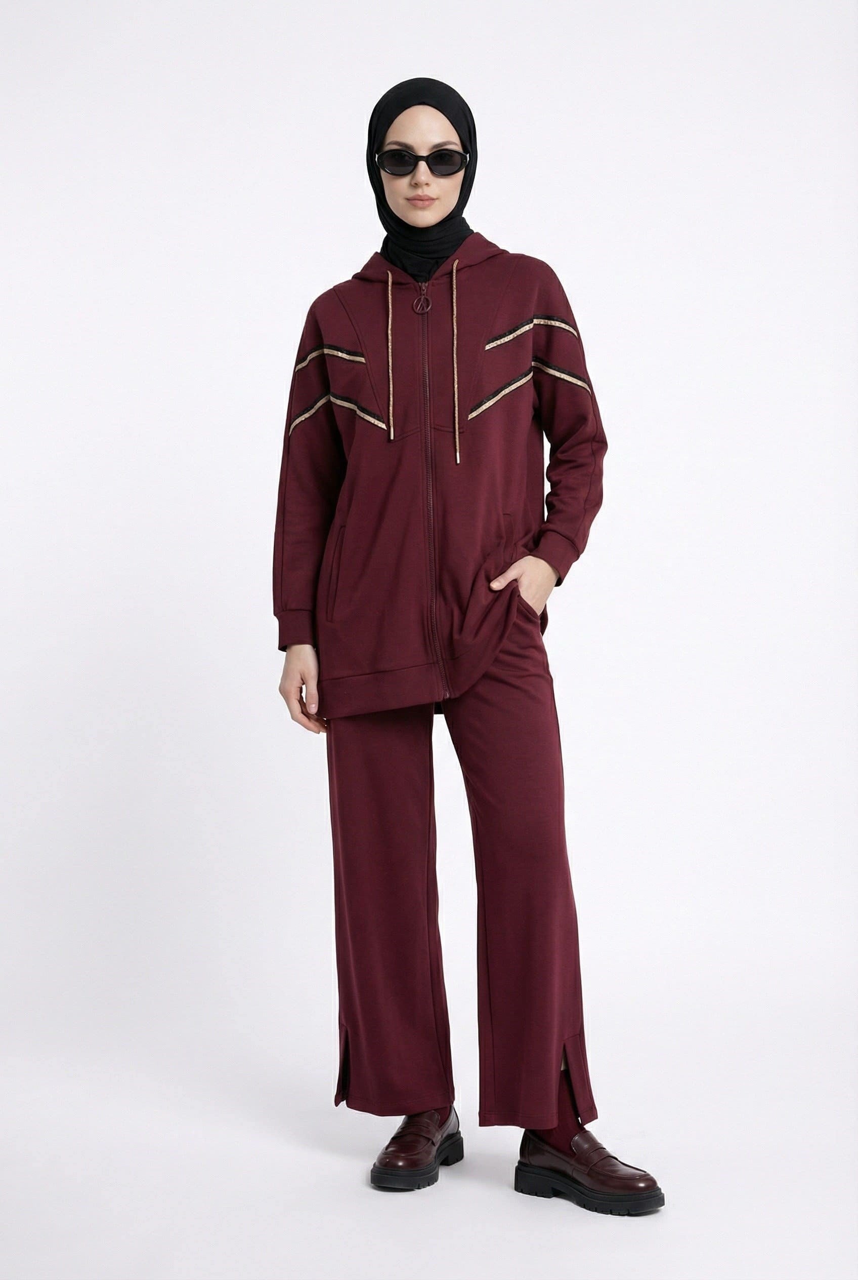 Armine Trend 25KT631 Şerit Detaylı Bordo Pantolonlu Takım