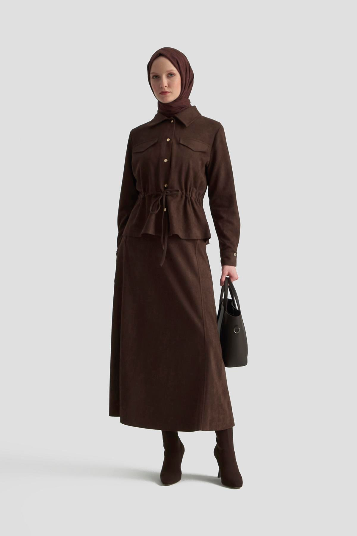 Armine Trend Cep Kapağı Detaylı Belden Sıkmalı Fitilli Etekli İkili Takım Kahverengi 25KT659