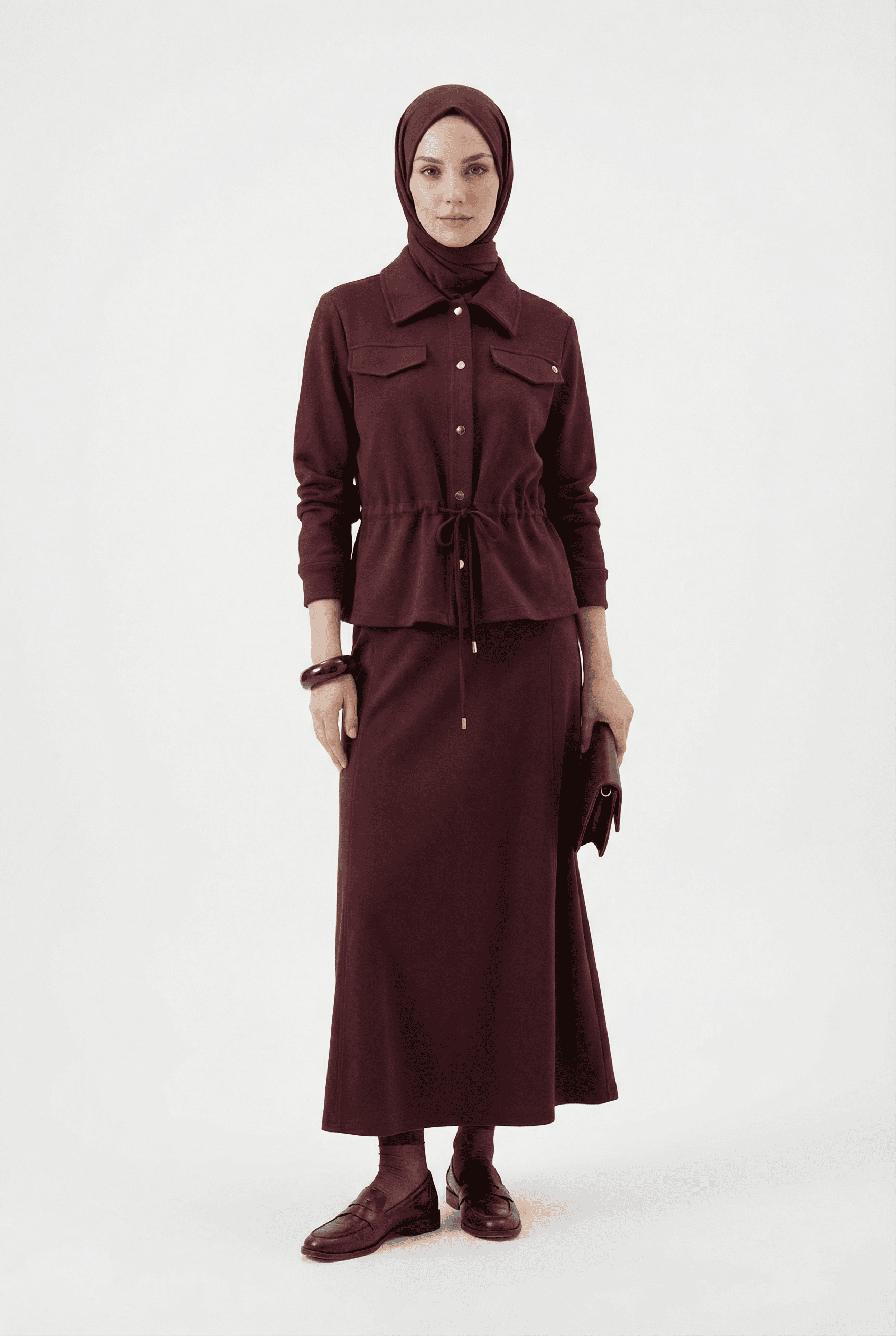 Armine Trend Cep Kapağı Detaylı Belden Sıkmalı Fitilli Etekli İkili Takım Mürdüm 25KT659