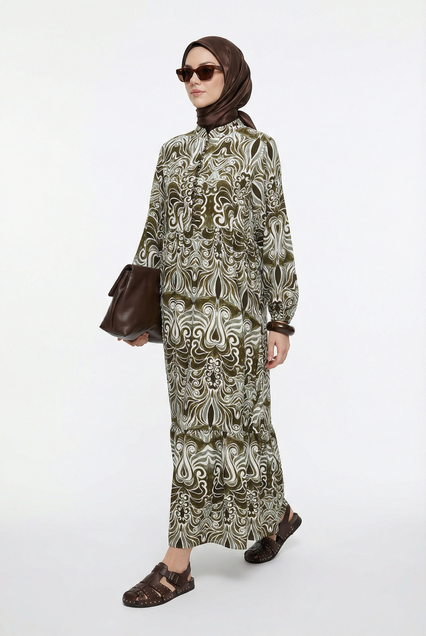 Armine Trend 25YT942 Desenli Uzun Elbise Haki